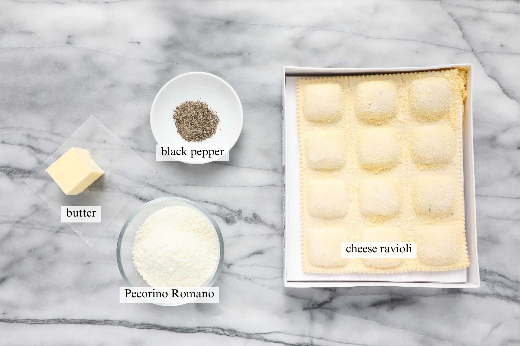 The ingredients needed to make Ravioli Cacio e Pepe.