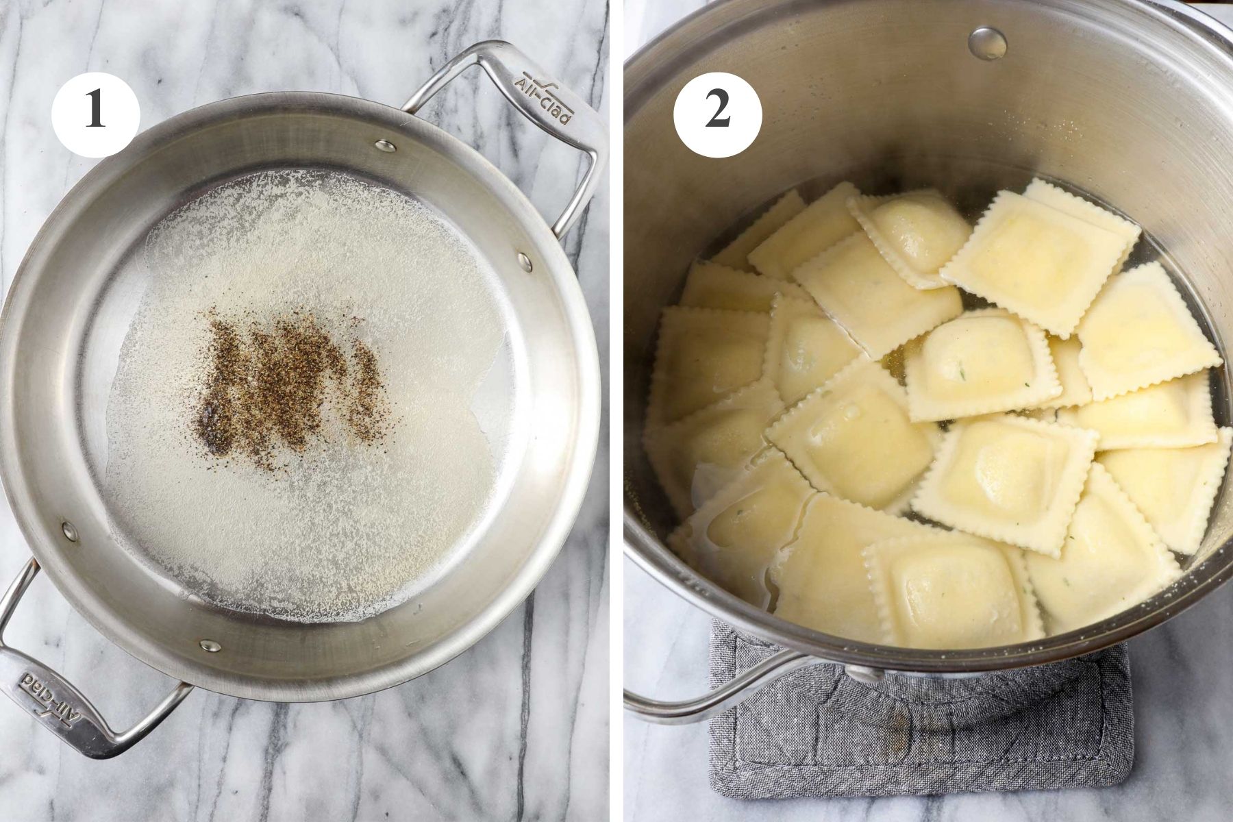 A large sauté pan with melted butter and black pepper, and a pot of ravioli in boiling water.