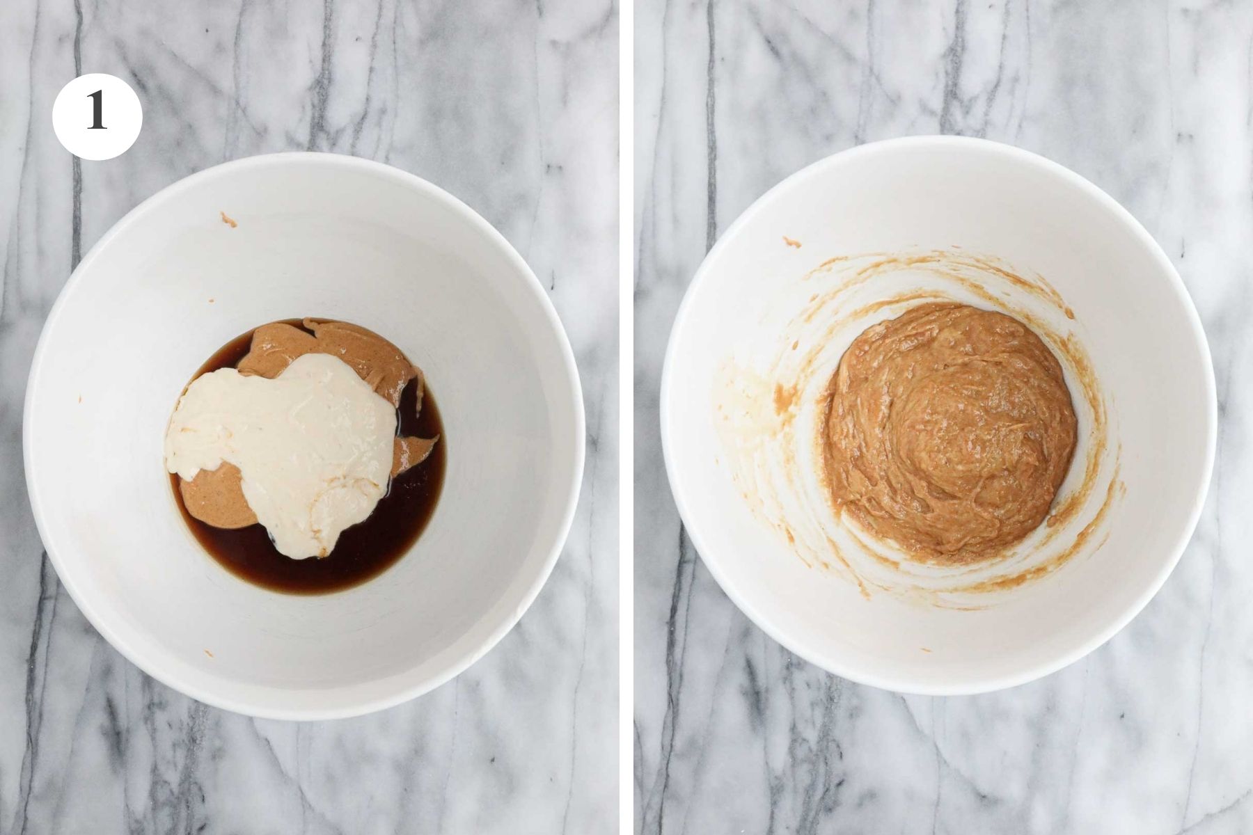 The wet ingredients for the Sourdough Granola Bars in a bowl before and after being combined.