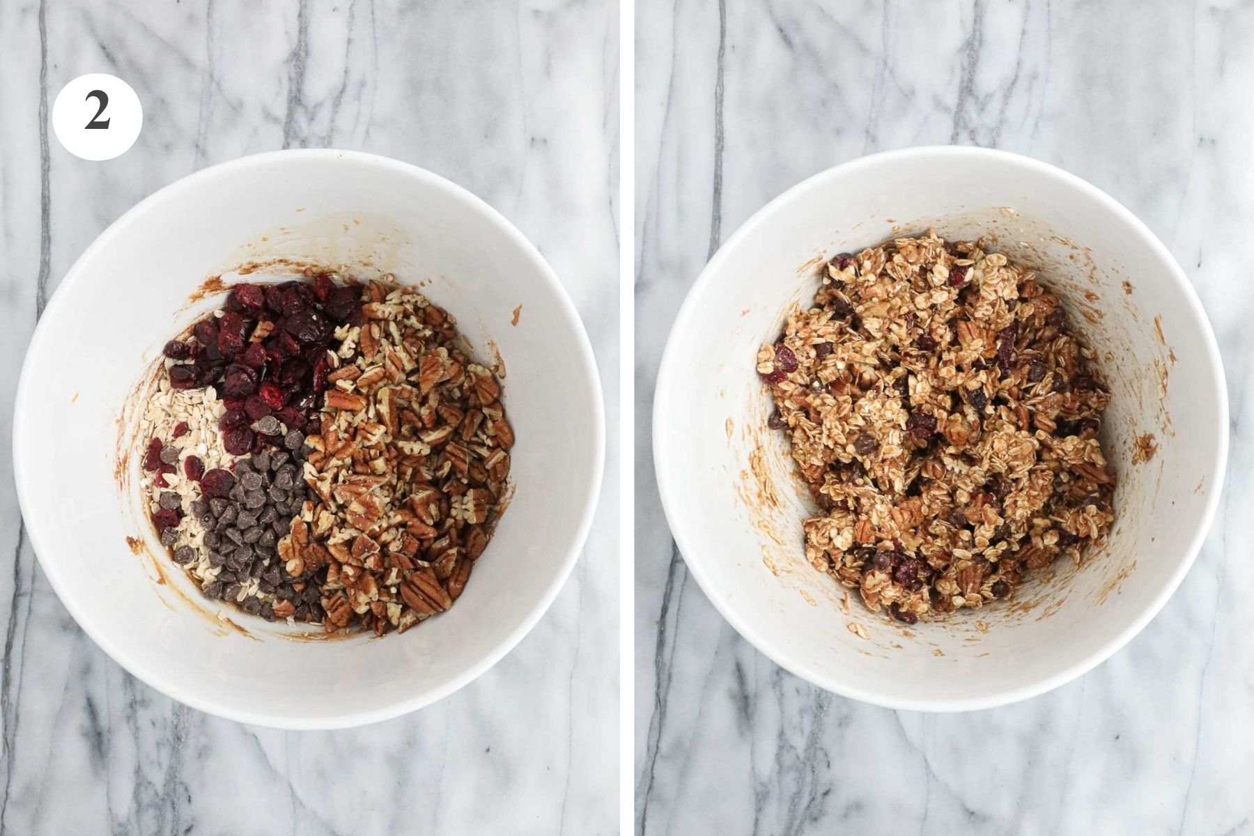 The dry ingredients added to the bowl with the wet ingredients and the bowl after they have been combined.