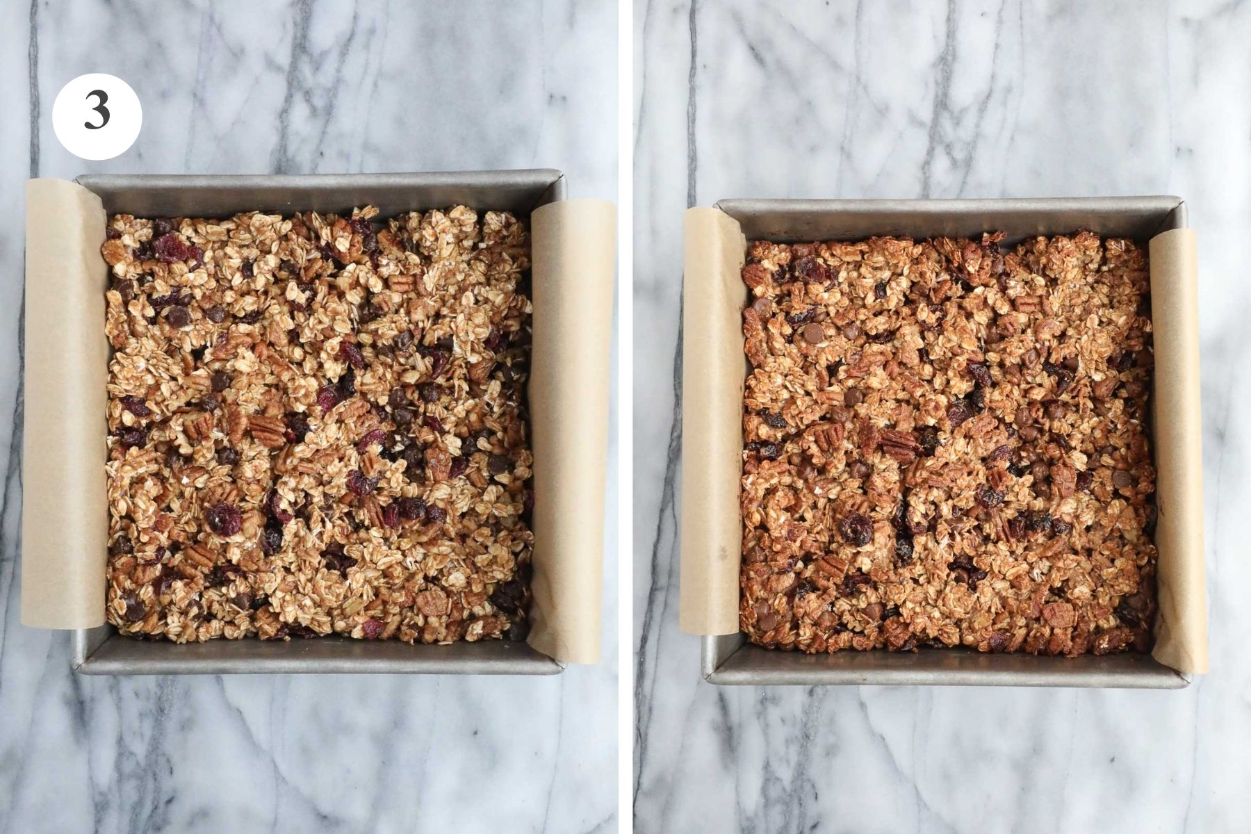 The sourdough granola mixture pressed into a 9x9 square metal baking dish before and after being baked.