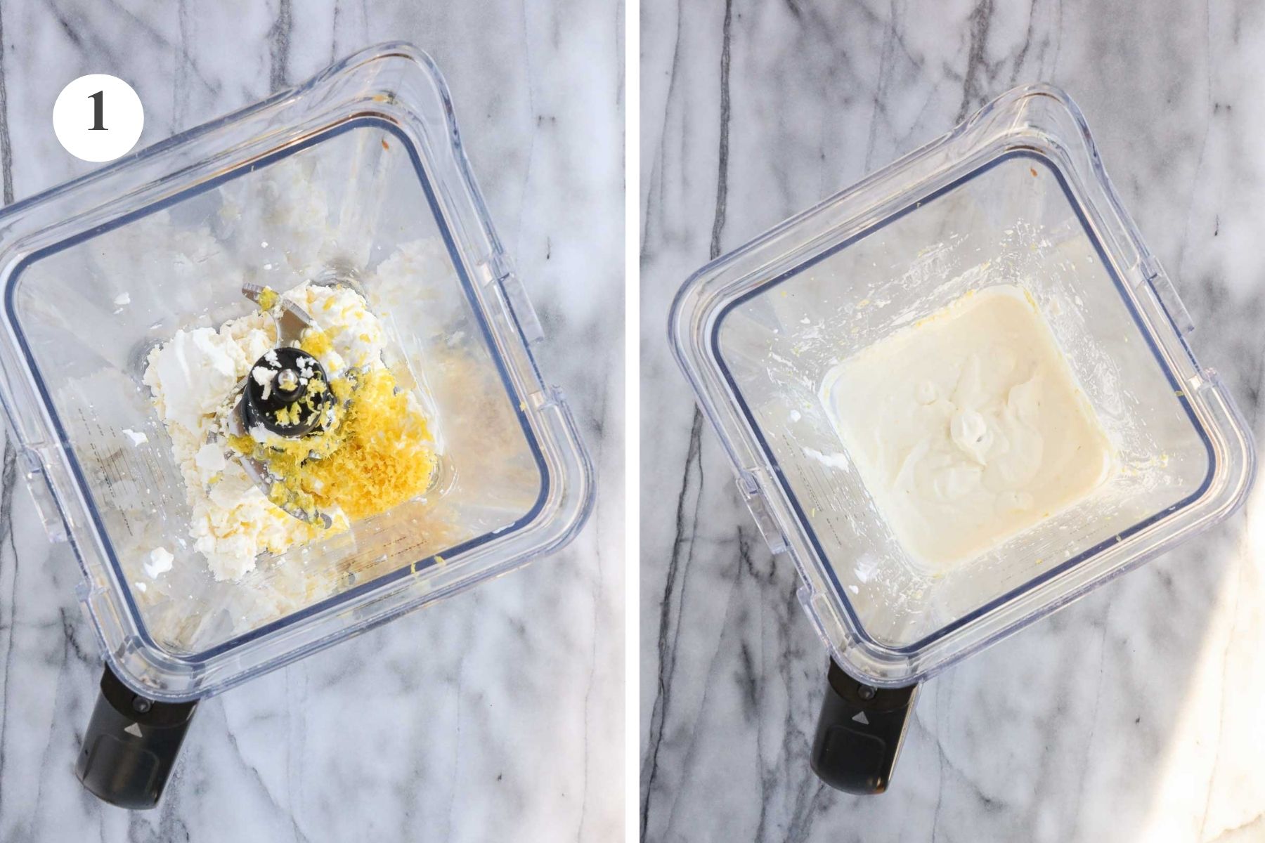 The feta, Greek yogurt, lemon zest, and olive oil in a blender before and after being blended.