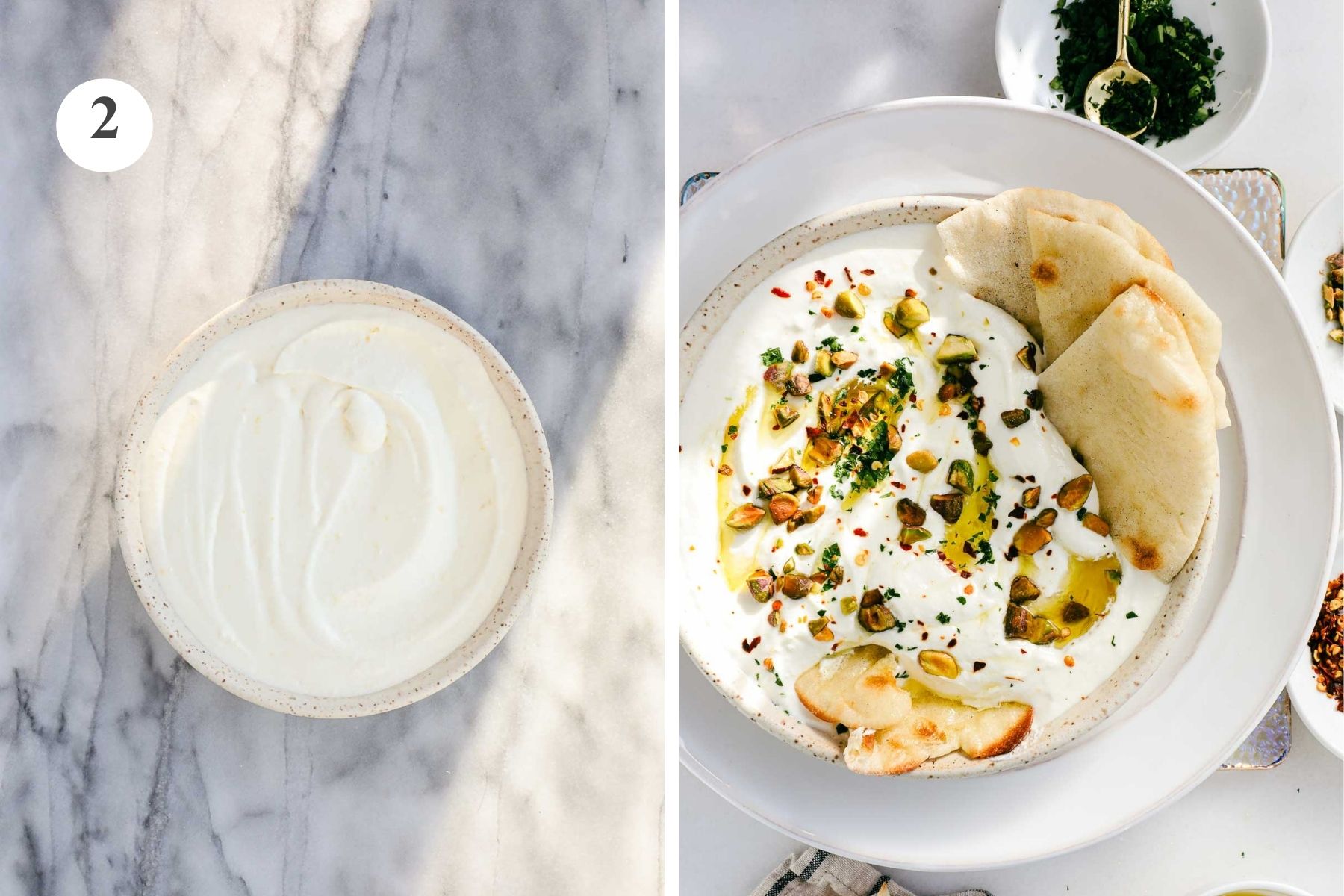 The Thick and Creamy Lemon Whipped Feta in a bowl and after being topped with chopped pistachios, red pepper flakes and minced parsley along with homemade pita bread.