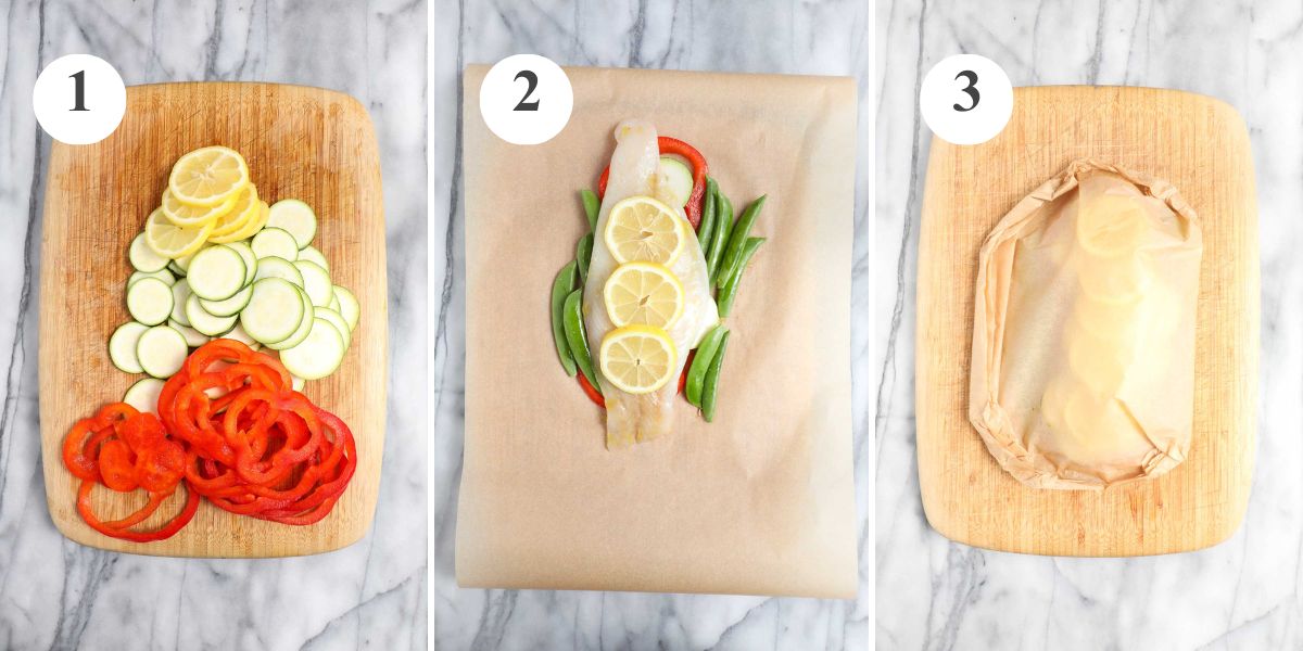 Thinly sliced vegetables on a cutting board, the firsh and vegetables layered on the parchment, and the parchment folded and sealed so that it looks like an empanada.
