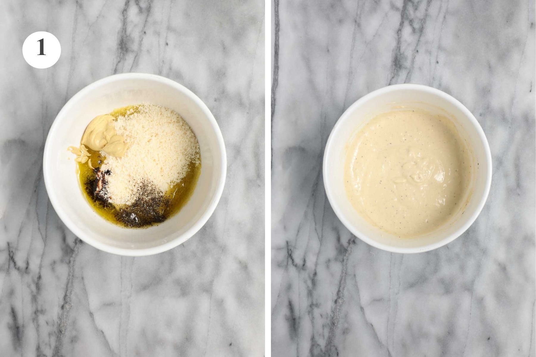 The Caesar dressing before and after being combined in a bowl.