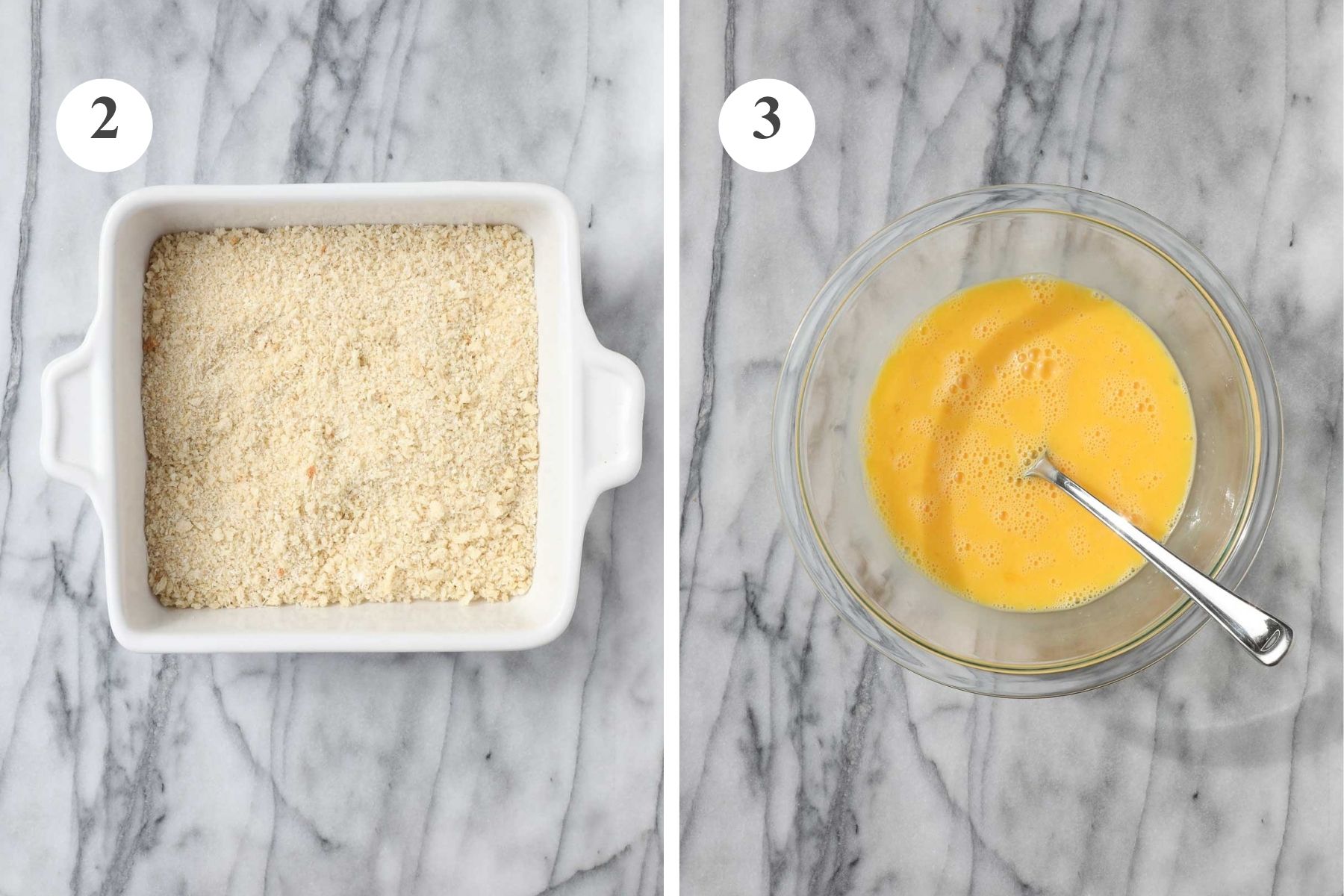 A bowl with panko, parmesan, and salt combined and a bowl with whisked eggs.