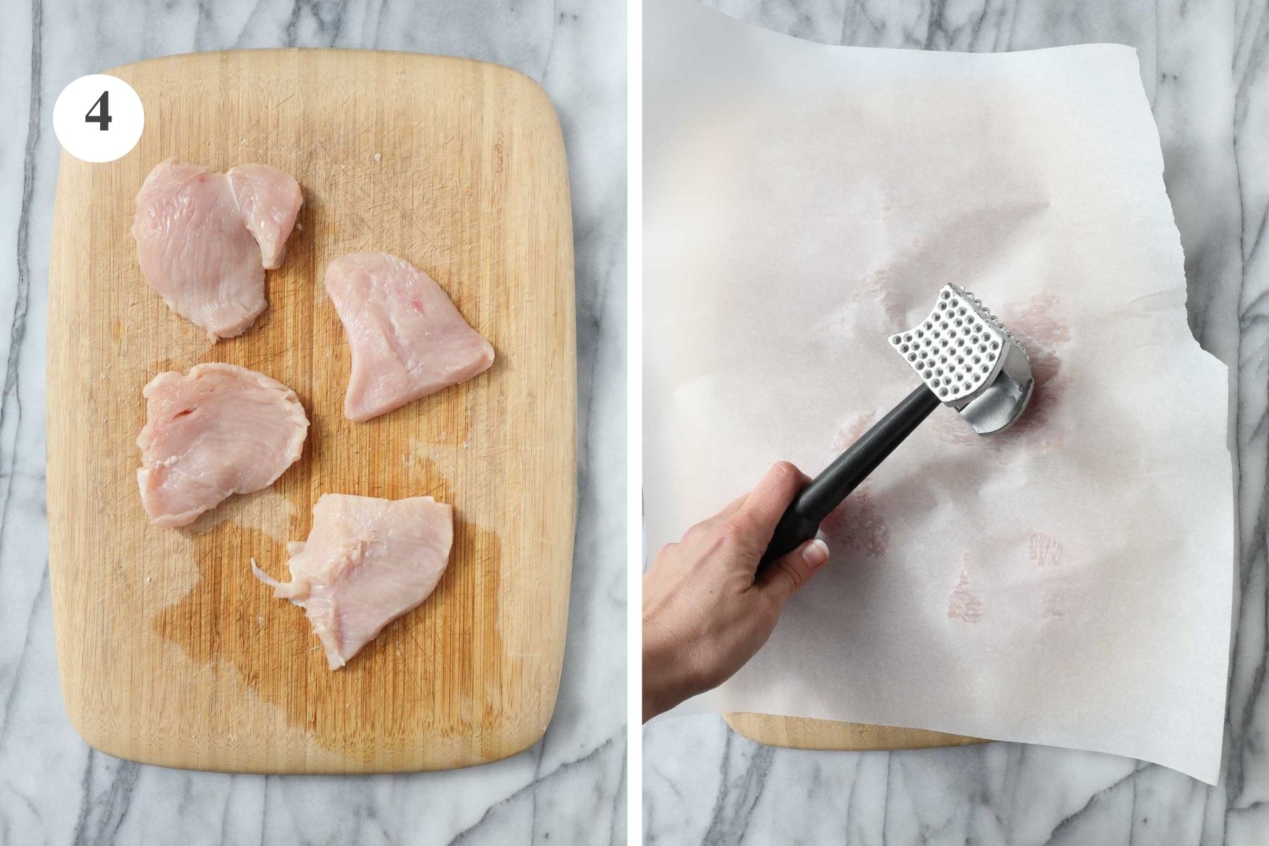 One chicken breast cut into four cutlets, and a meat hammer being used to tenderize the chicken cutlets.