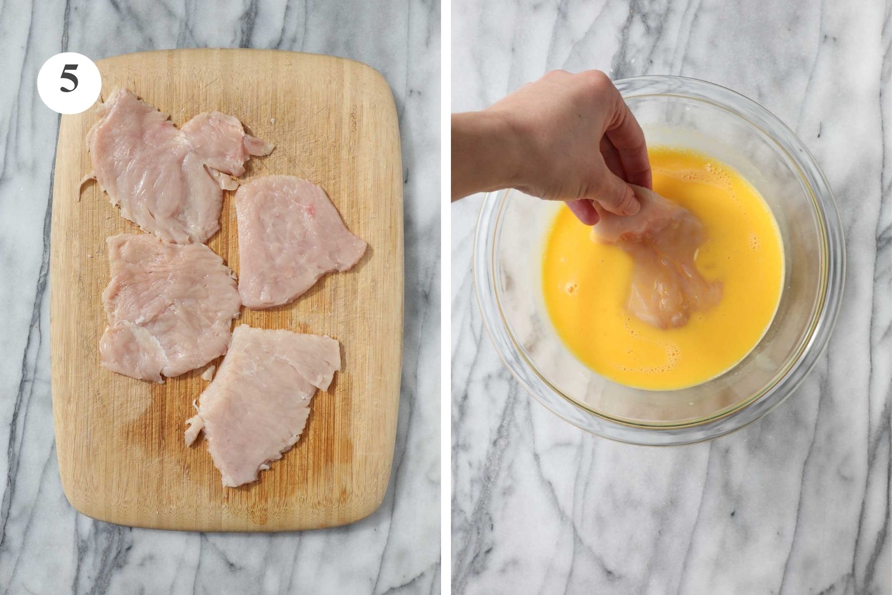 The tenderized chicken cutlets dipped in the egg mixture.