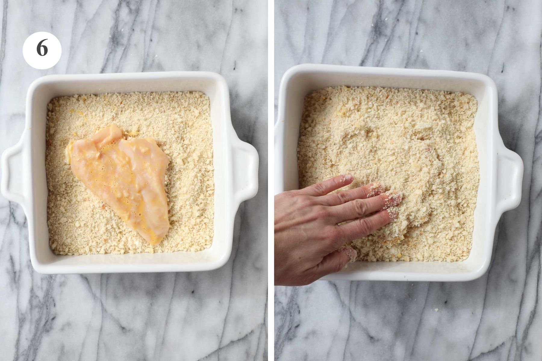 A chicken cutlet being breaded in the panko parmesan mixture.