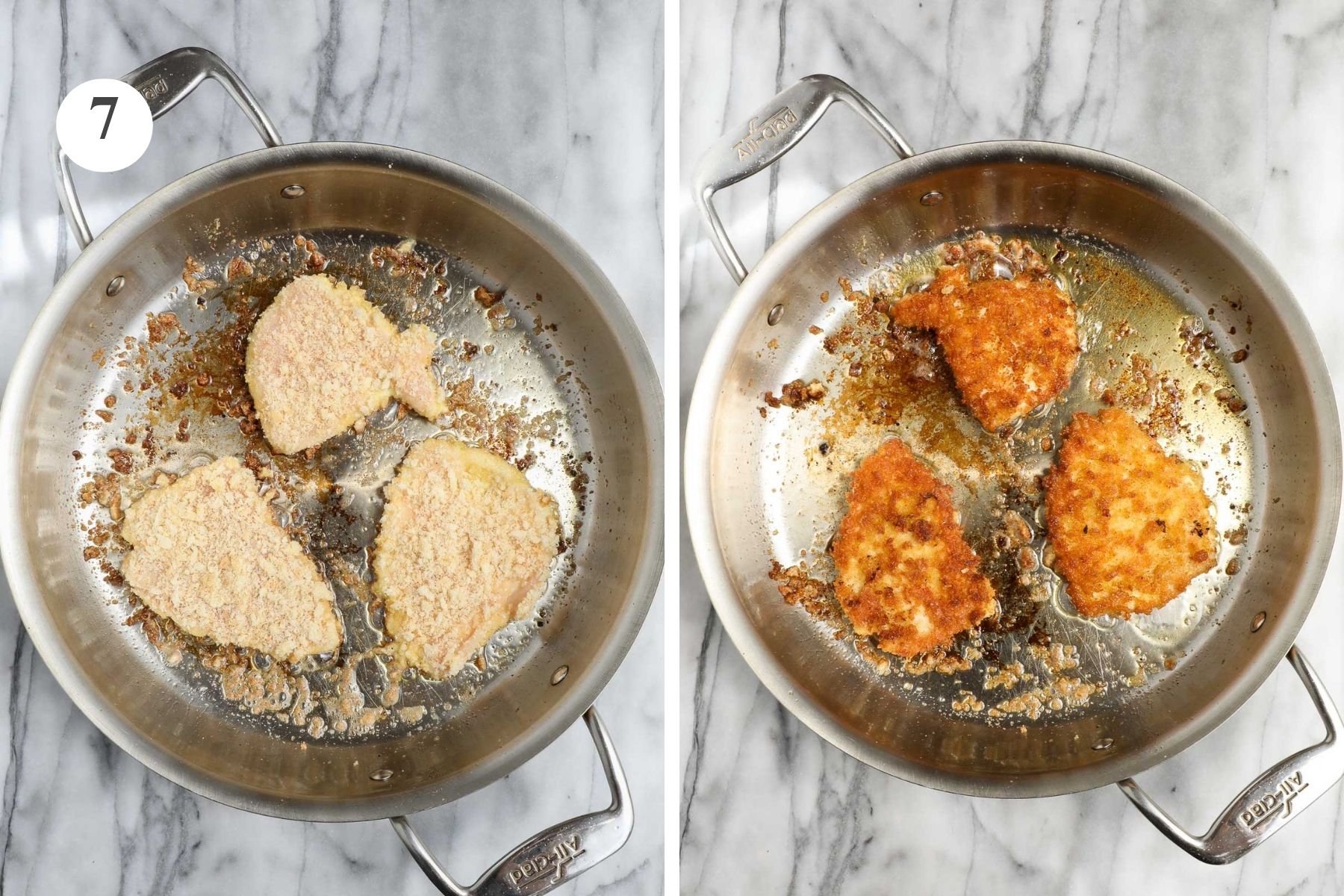 Panko crusted chicken cutlets being pan fried in a large sauté pan.