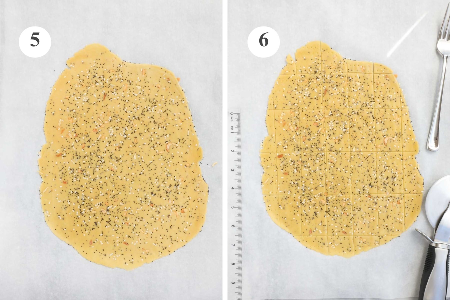 The Einkorn Cracker dough with everything bagel seasoning rolled into the dough, and separately cut into rectangles for the crackers.