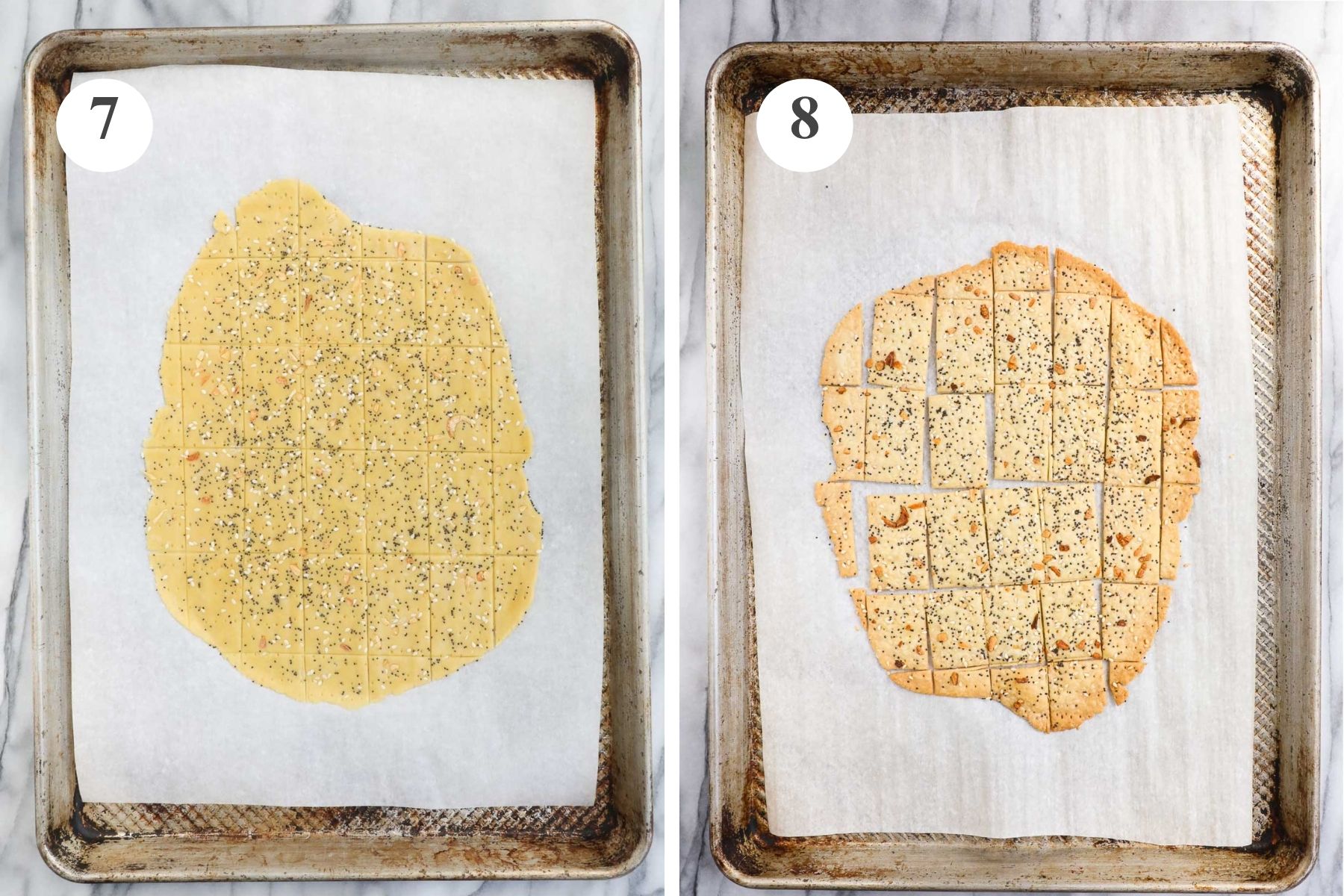 The Einkorn crackers on a baking sheet before and after being baked in the oven.