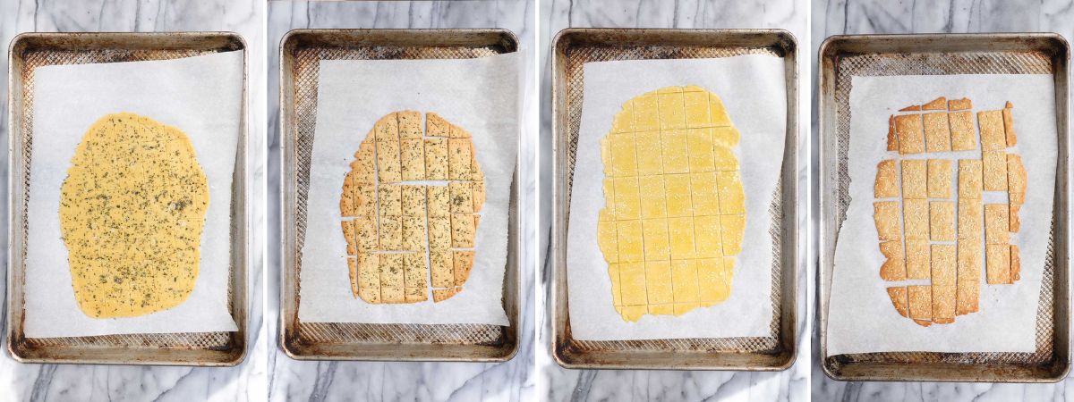 Before and after of Einkorn Crackers baked in the oven, one set with rosemary and flaky sea salt topping, and one set with sesame seed topping.