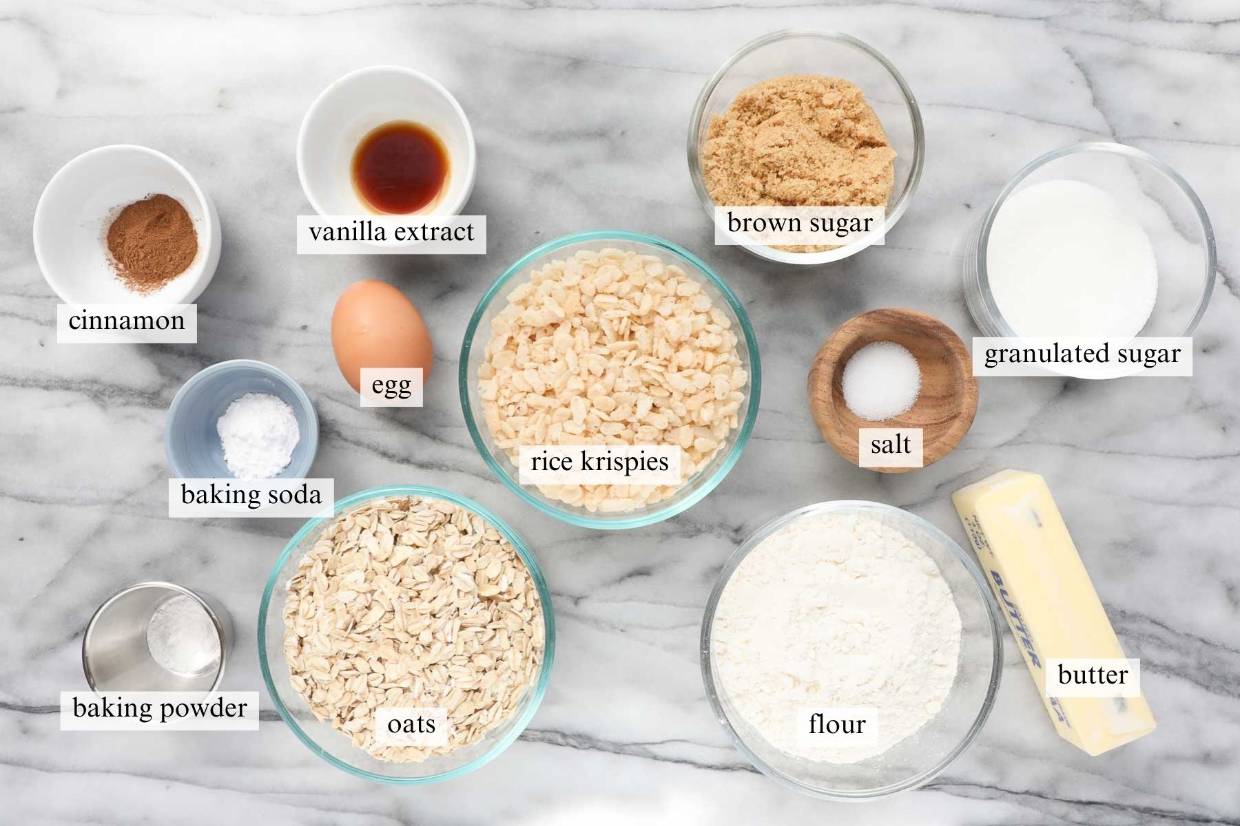 The ingredients needed to make Oatmeal Rice Krispie Cookies.