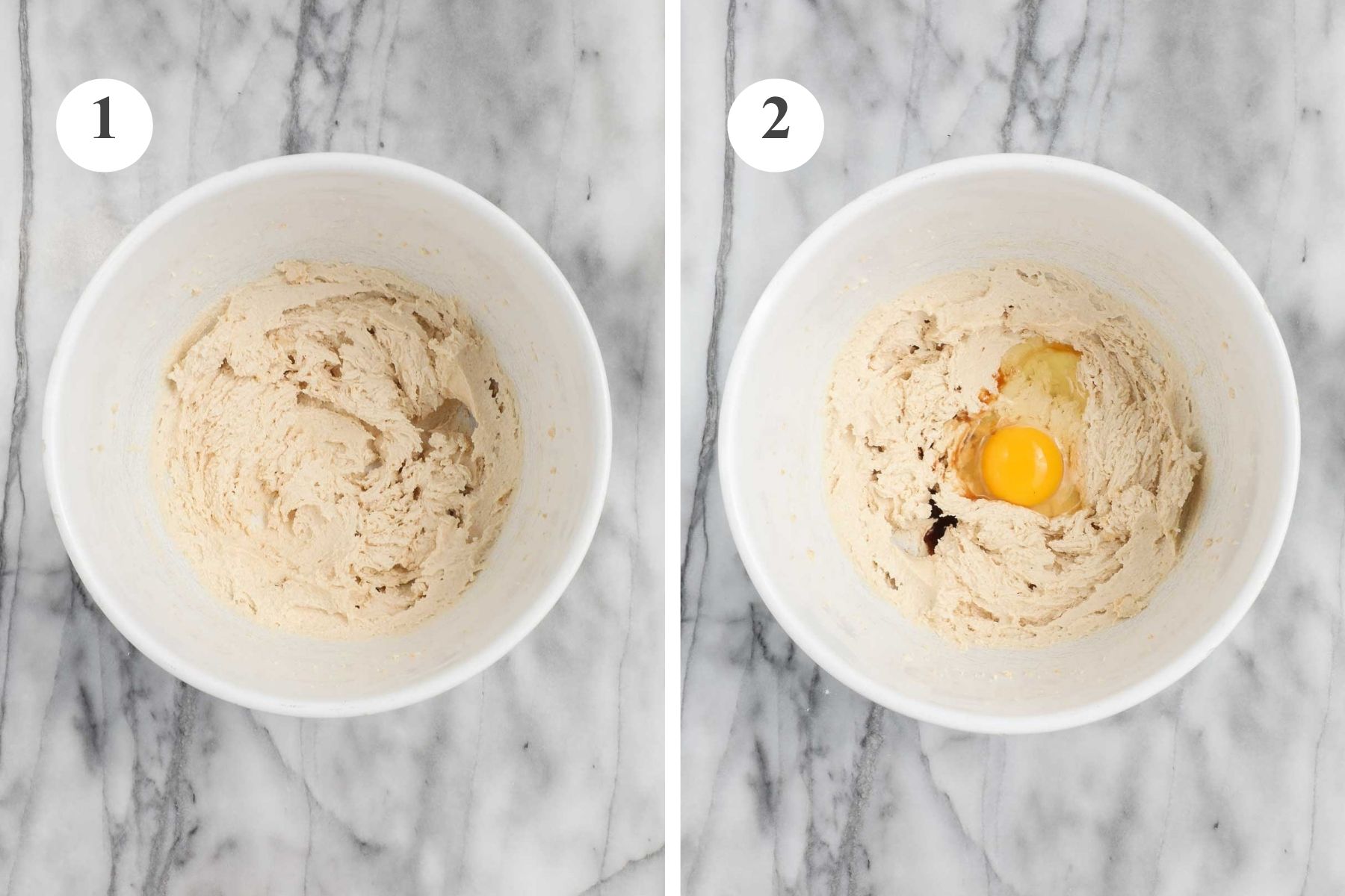 A large white mixing bowl with creamed butter and sugar, and the bowl with an egg and vanilla added.