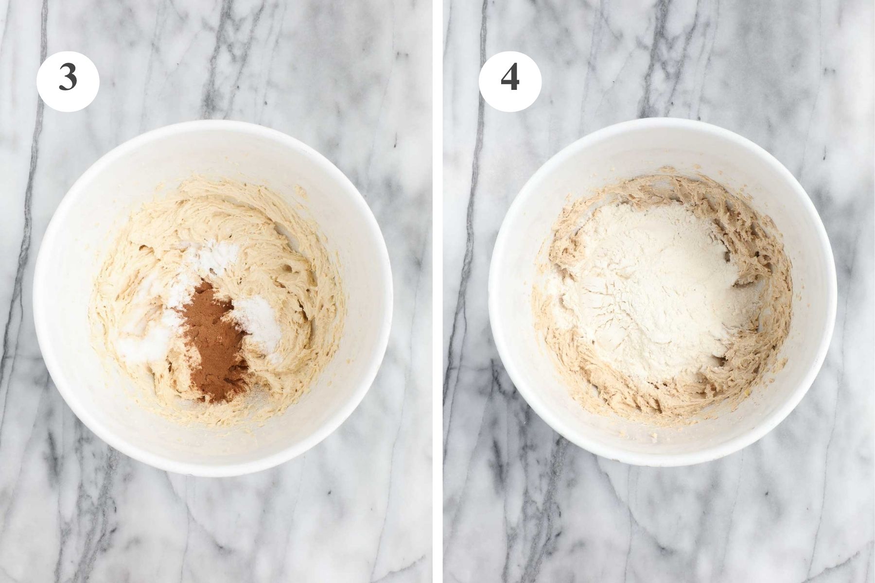 The bowl with the cookie dough with salt, baking powder, baking soda, and cinnamon added and the bowl with the flour added.