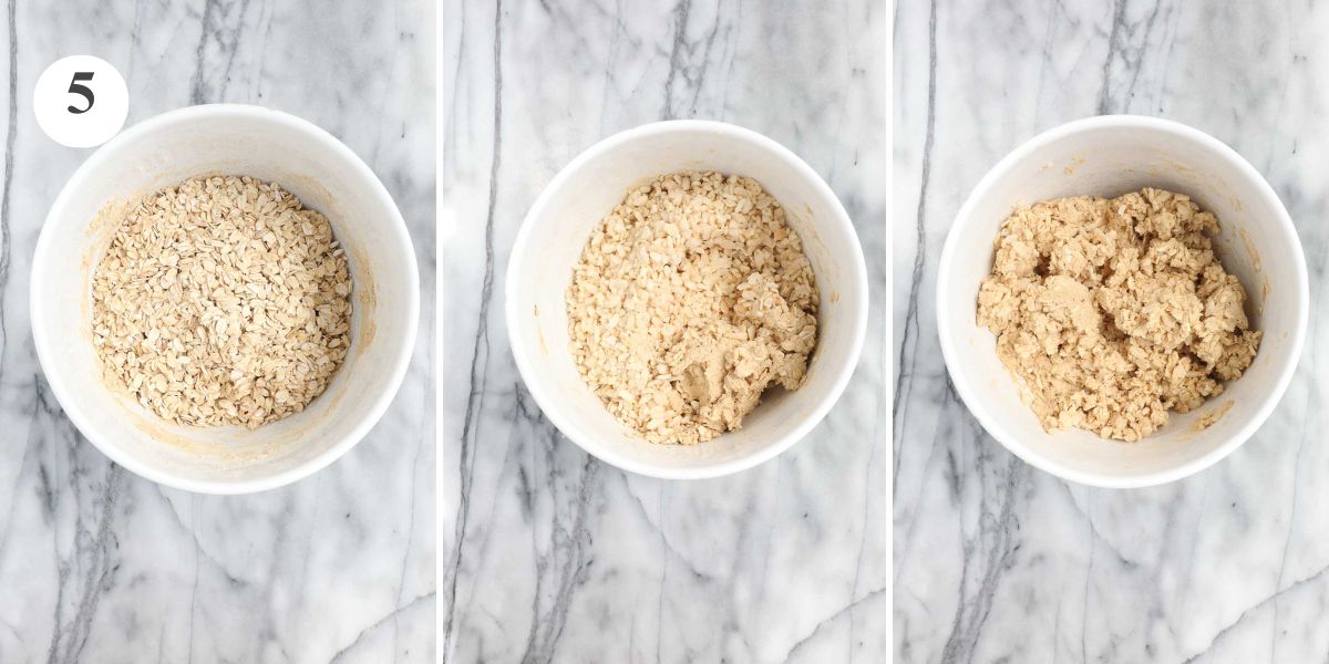 The bowl in three steps with the oats added, with the rice krispies added, and with the fully combined Oatmeal Rice Krispie Dough.