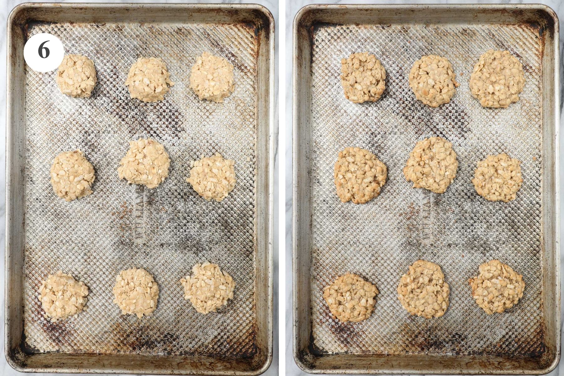 The cookies on a baking sheet before and after being baked in the oven.