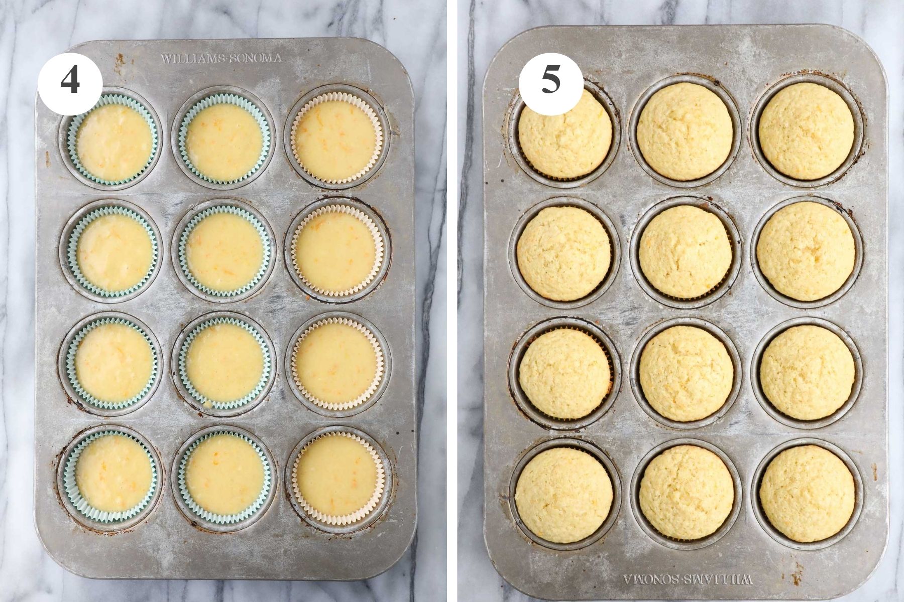 The cupcakes in a muffin tin before and after being baked in the oven.