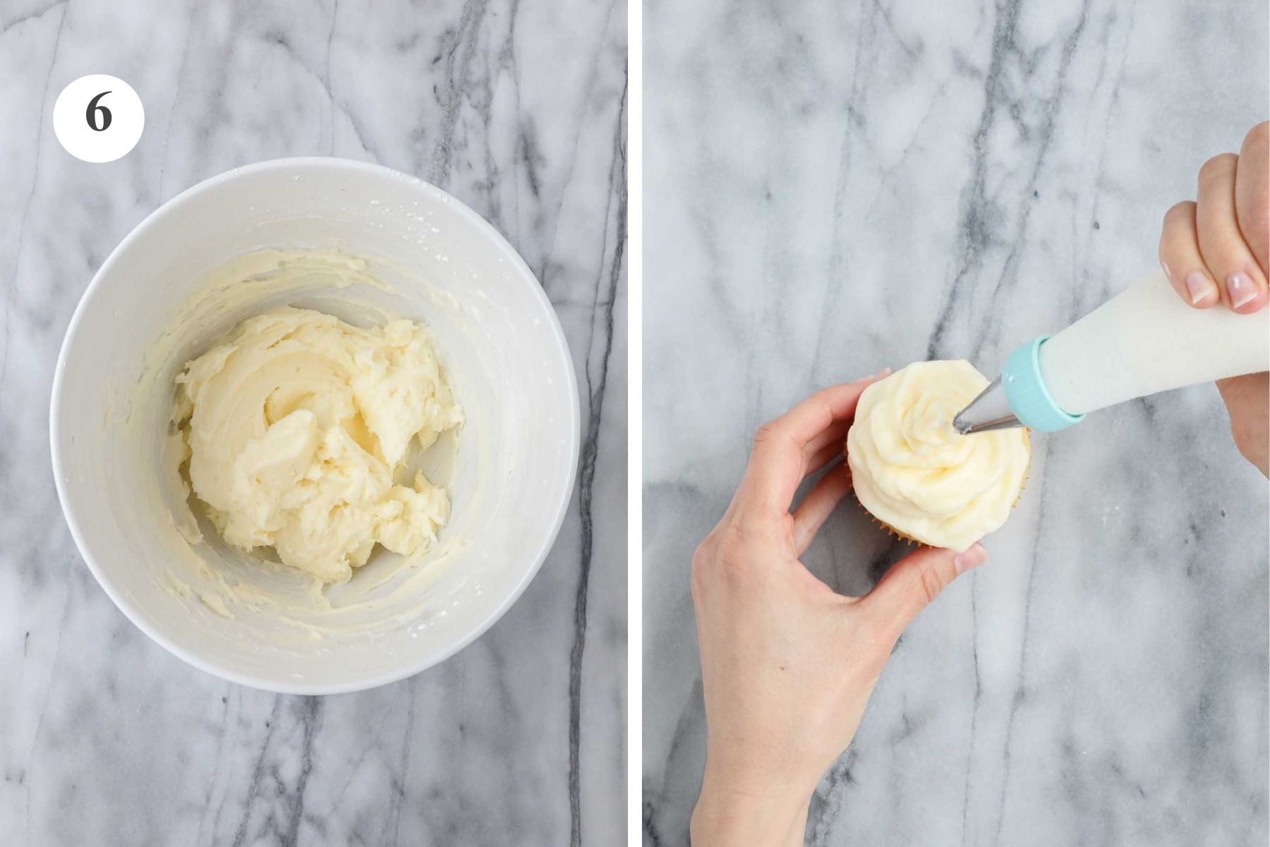 The cream cheese frosting in a bowl and Lauren holding and frosting a cupcake with the cream cheese frosting.