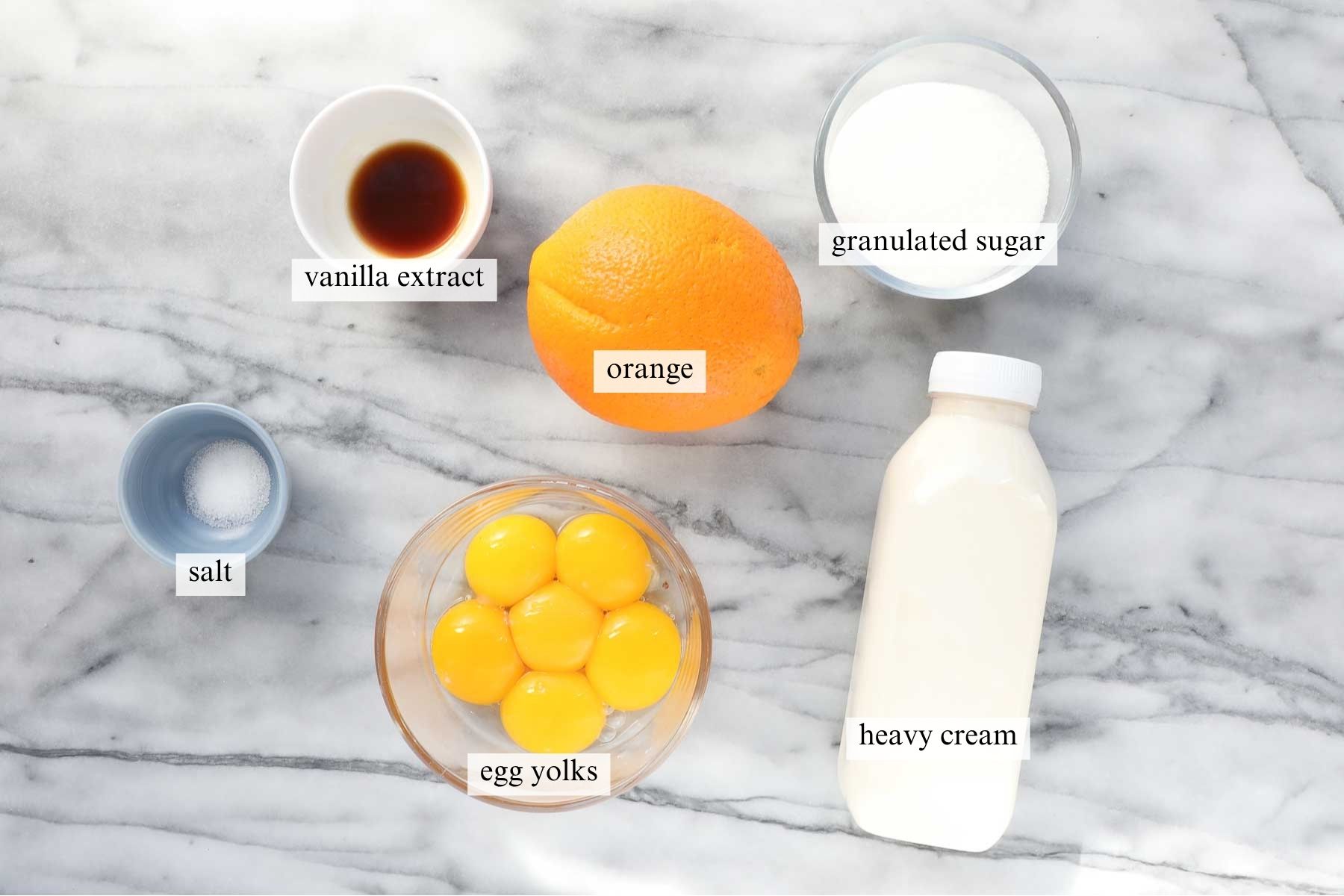 The ingredients needed to make the orange creme brulee.