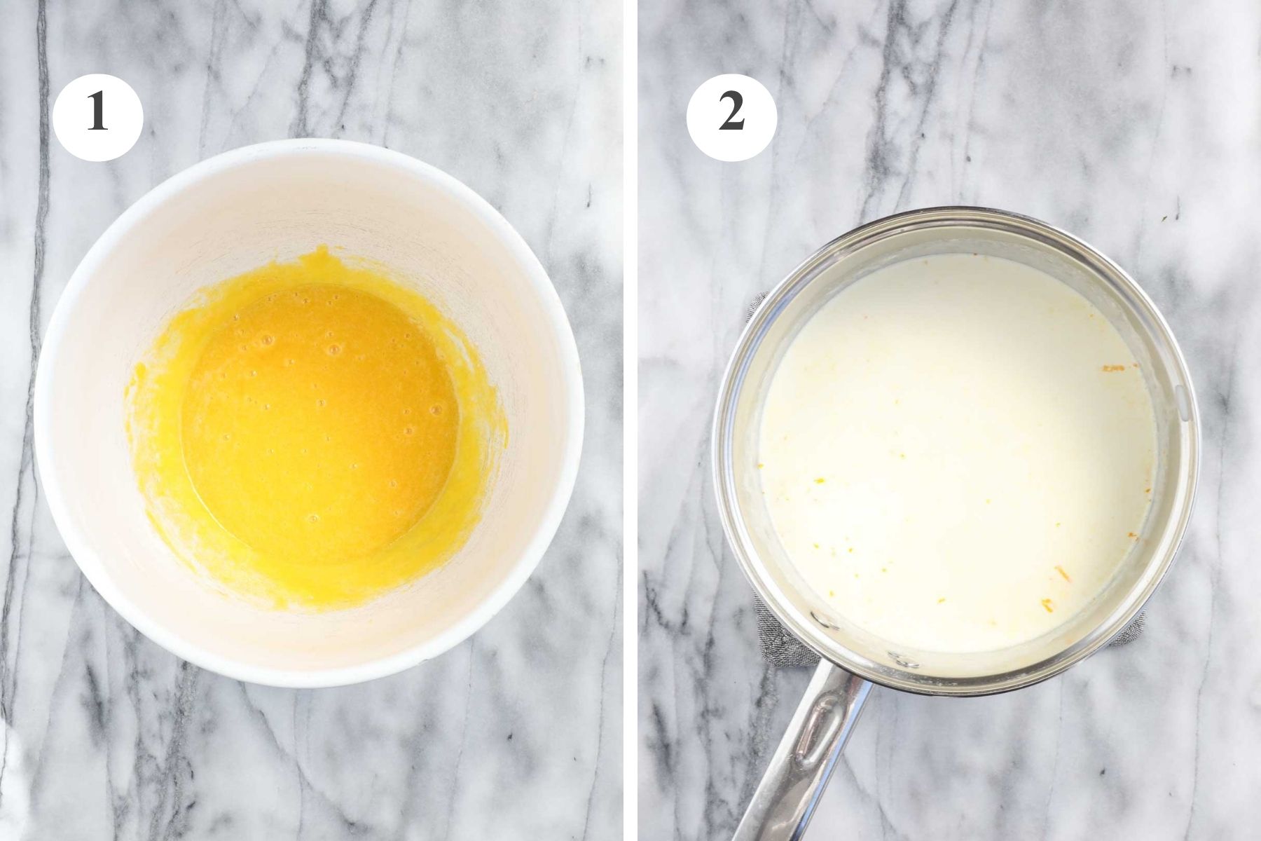 The egg yolk mixture in a large mixing bowl and the heavy cream mixture with orange zest and orange juice in a medium saucepan.