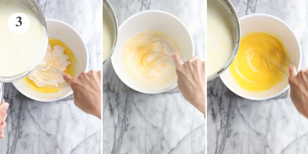 Three stages of tempering eggs with simmering heavy cream being whisked into the egg yolk mixture.