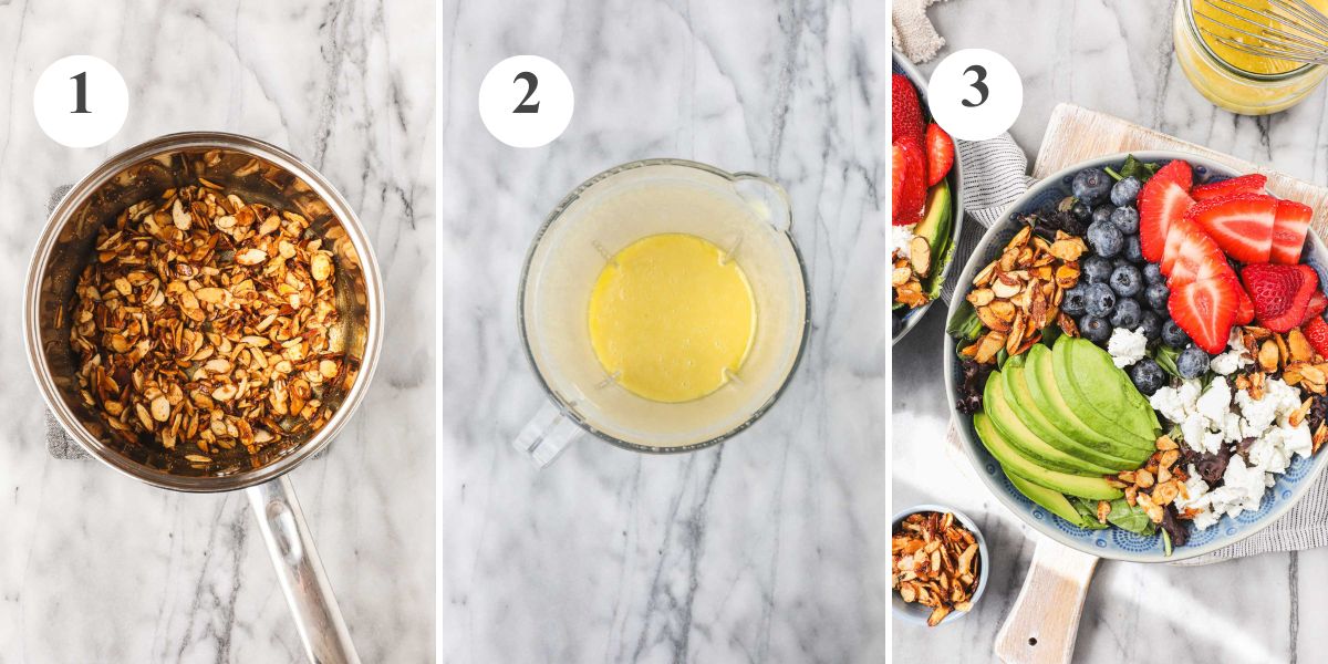 A saucepan with candied almonds, a pitcher with the dressing, and the finished salad.