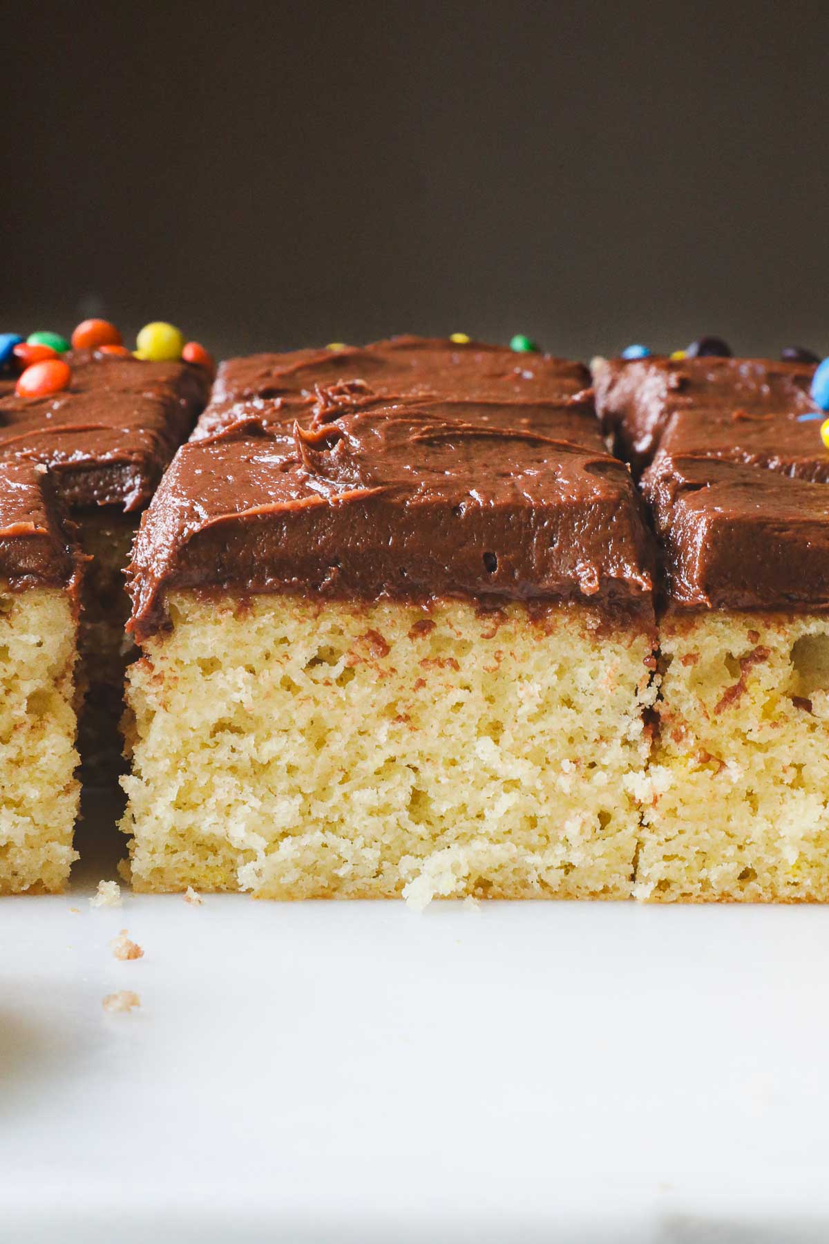 Slices of cake sitting upright showing the tender crumb of the cake topped with chocolate cream cheese frosting made by hand.
