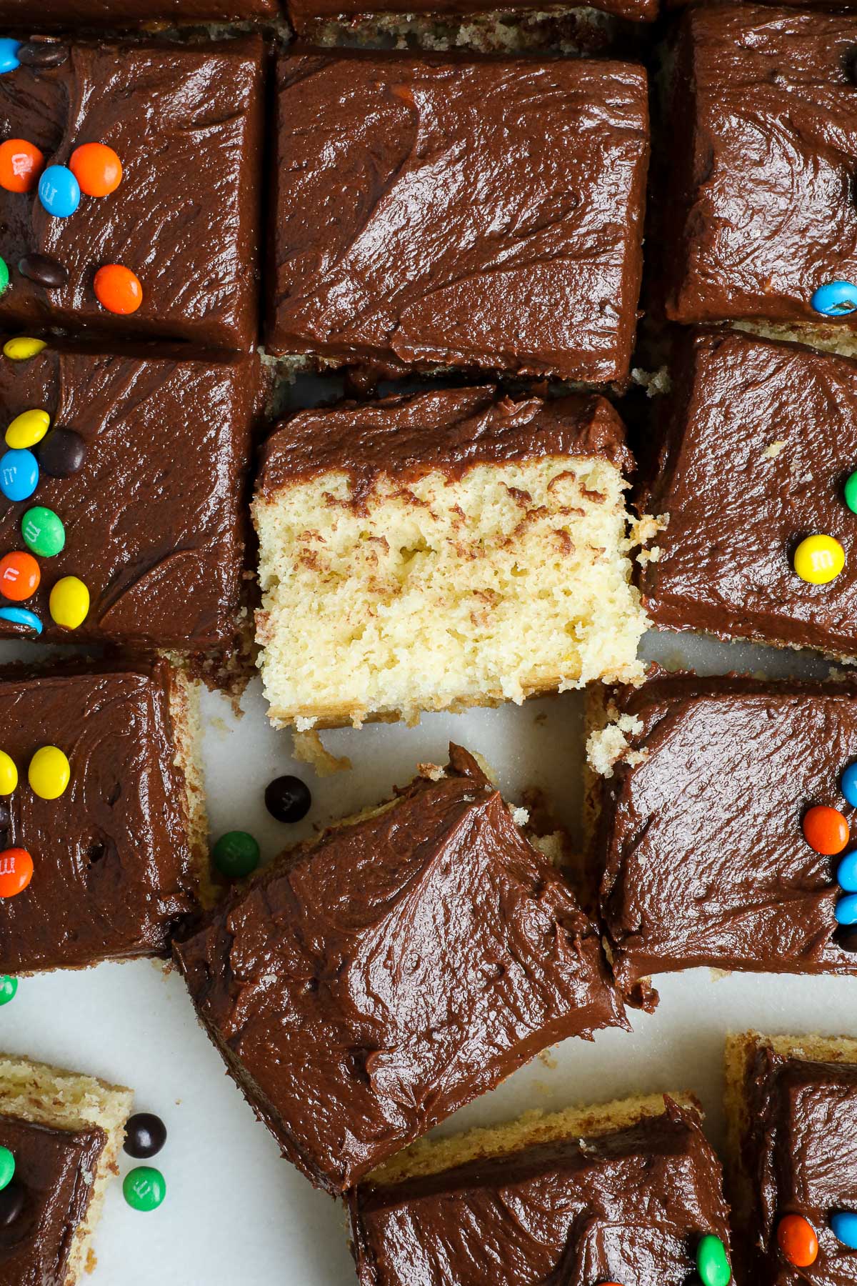 A Cake Without A Mixer cut into square pieces with one piece turned on its side showing the light and fluffy cake.