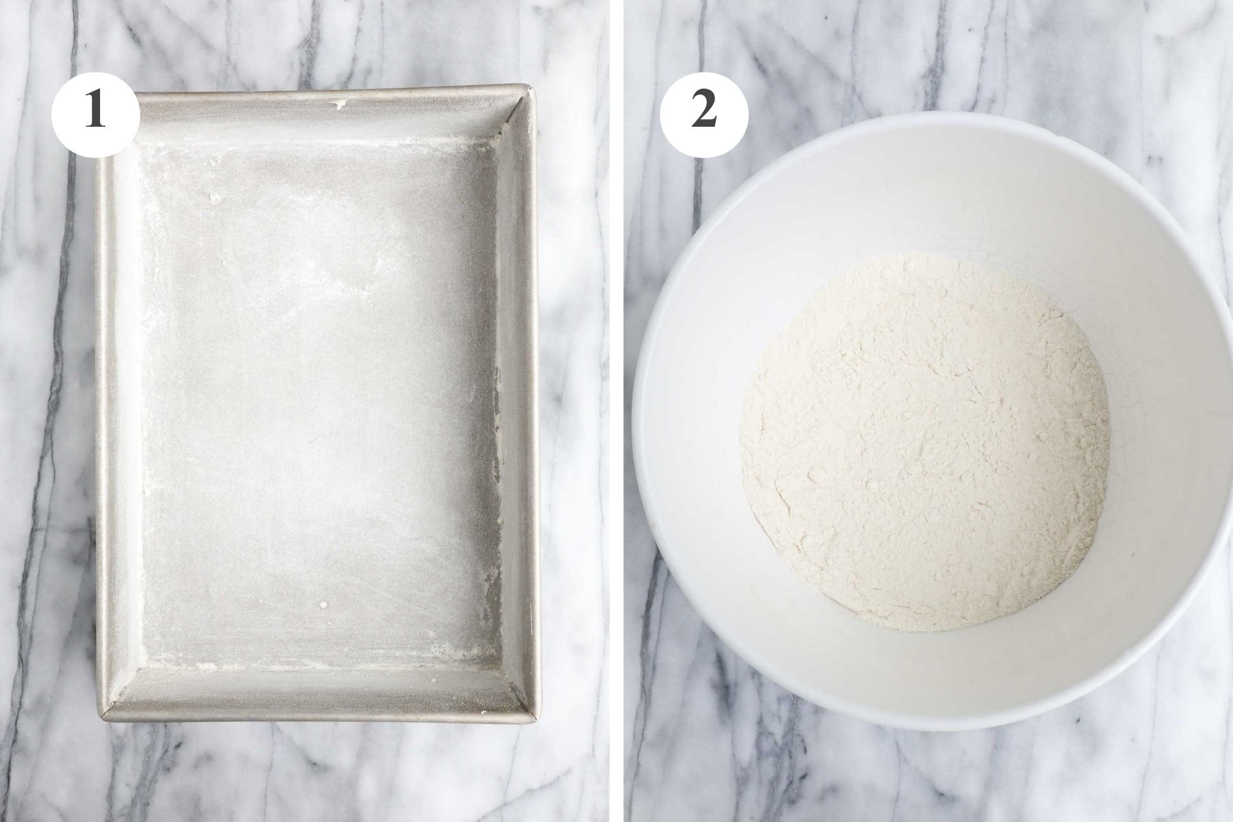 A prepared 9x13 metal baking dish and a bowl with the dry ingredients combined.