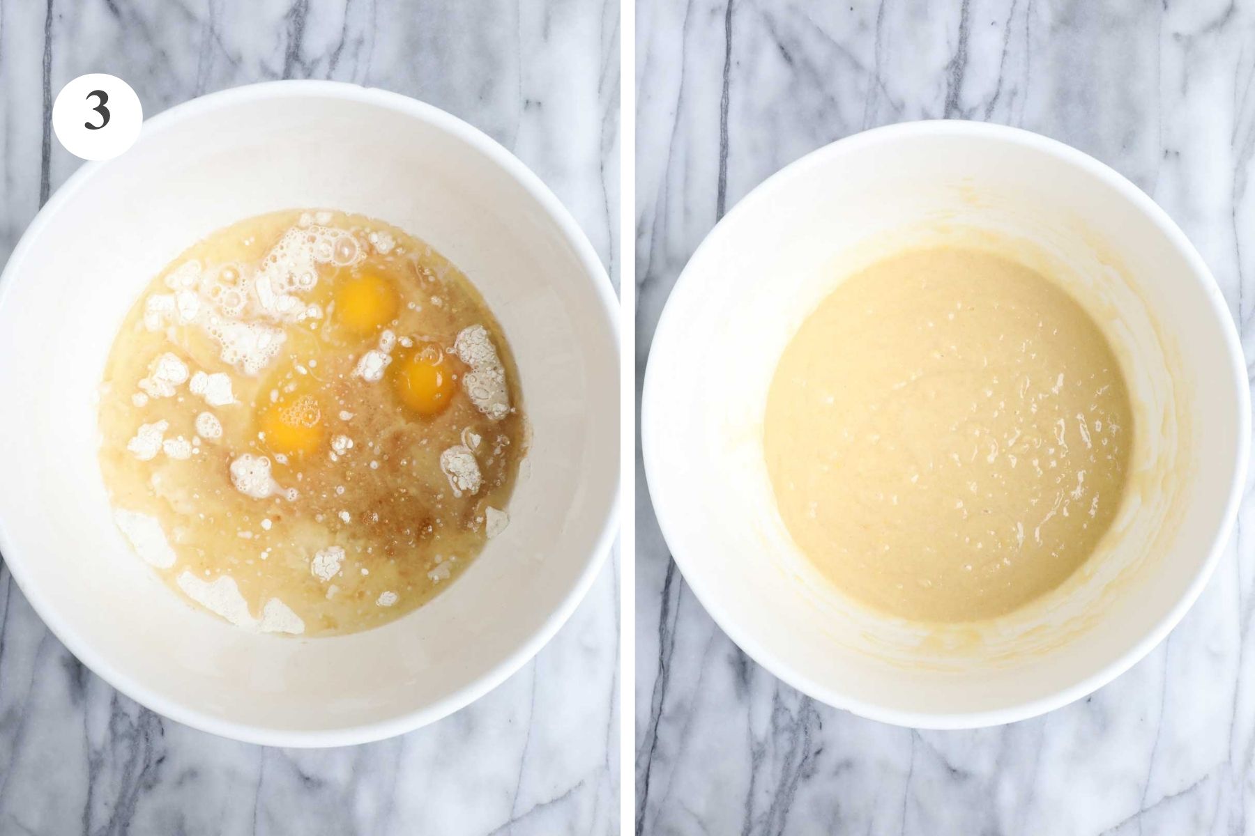 The bowl with the wet ingredients before and after being combined with the dry ingredients by hand without a mixer.