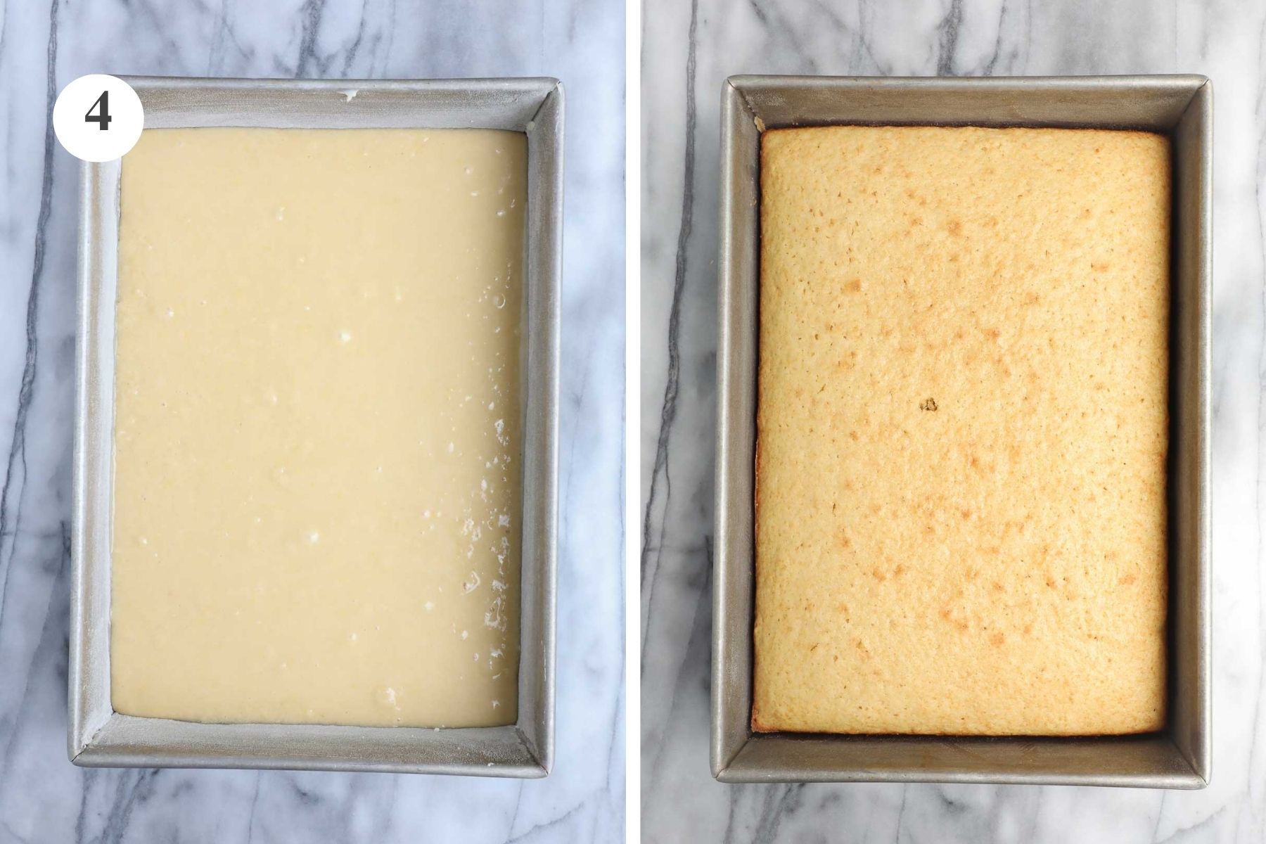 The cake batter in the prepared baking dish before and after being baked with the golden domed top on the fully baked cake.