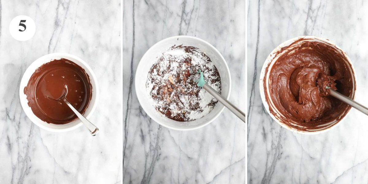 Three steps in making the chocolate cream cheese frosting by hand.