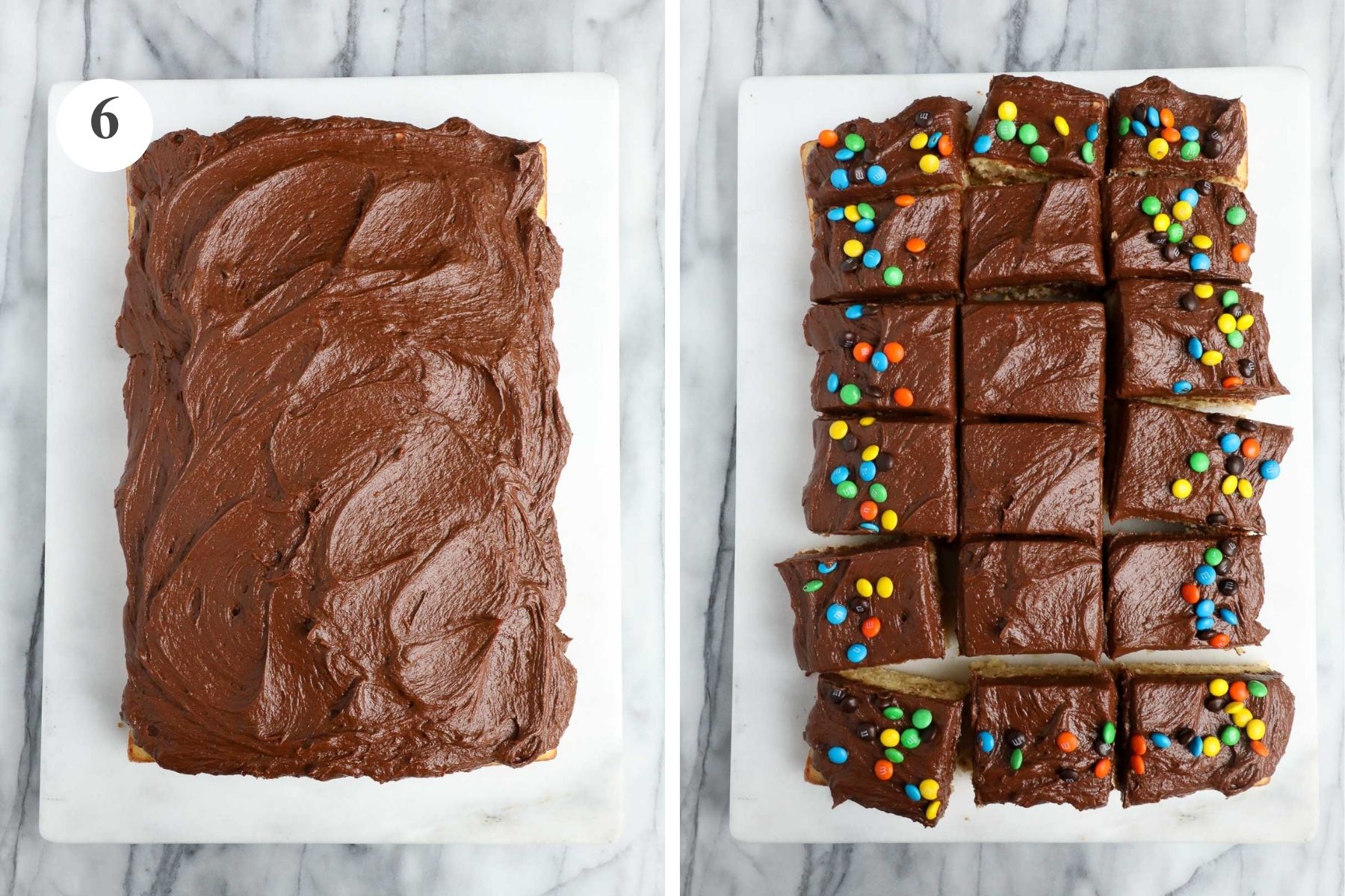 The finished Cake Without A Mixer with chocolate frosting and after being cut into serving slices and decorated with M&Ms.