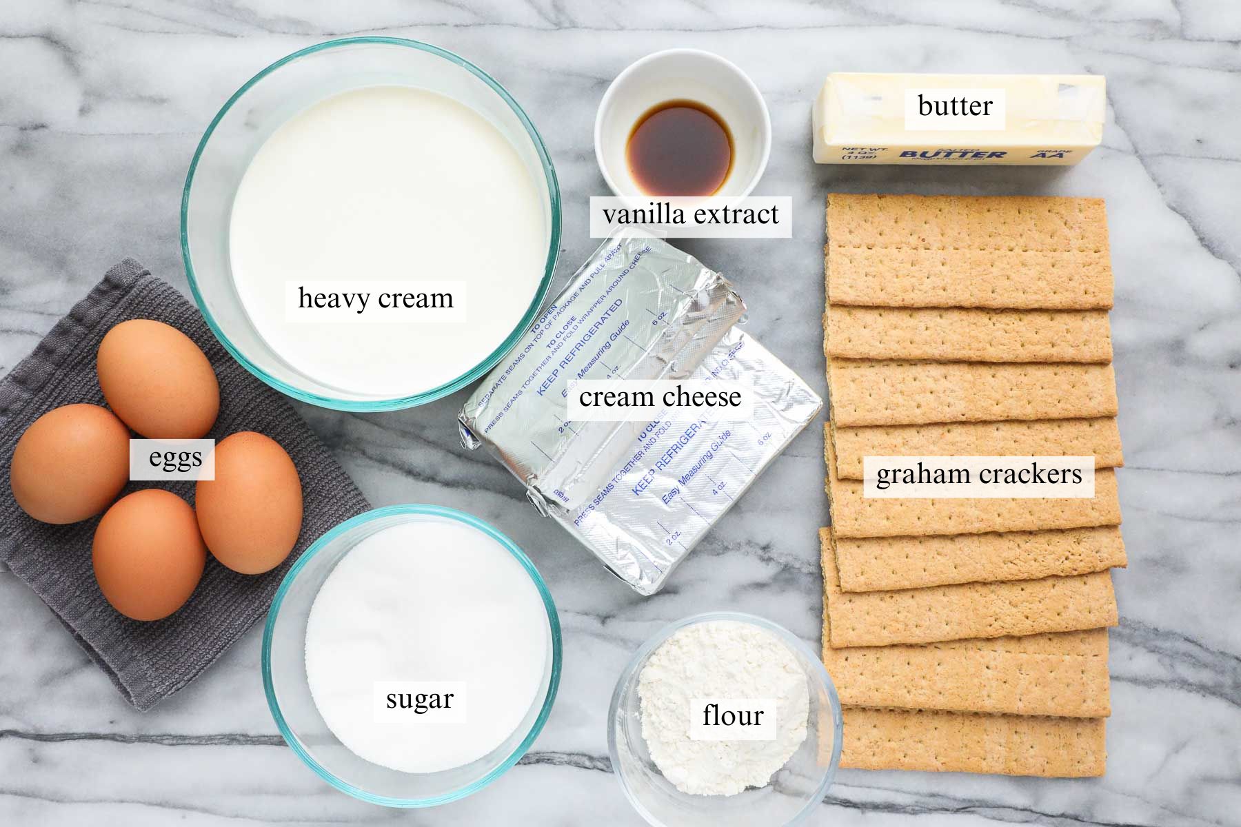 The ingredients needed to make Cheesecake in a 9x13 Pan.