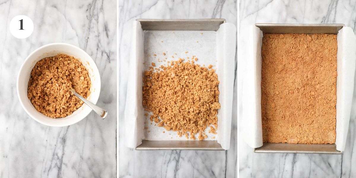 Three steps in making the graham cracker crust, crushed graham crackers and melted butter in a bowl, spread in a 9x13 rectangular metal baking dish, and after being pressed into the dish and fully baked.