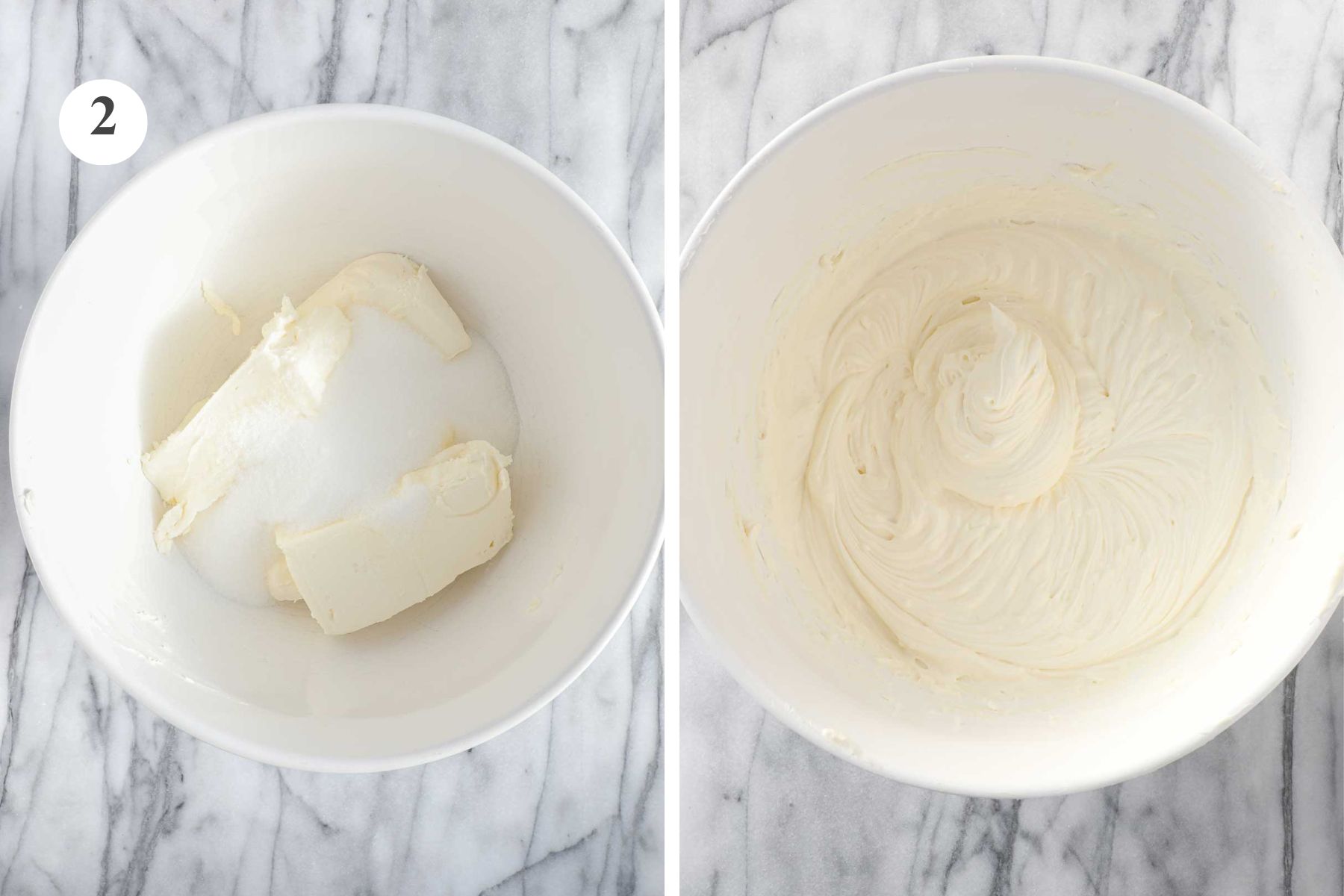 The softened cream cheese and sugar in a large mixing bowl before and after being creamed with a mixer.