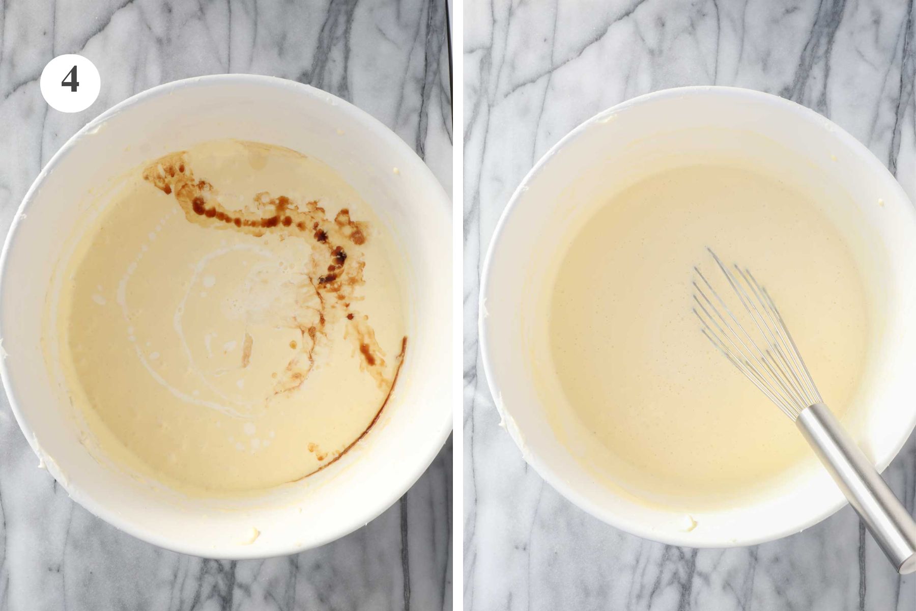The heavy cream and vanilla extract added to the mixture with a whisk.