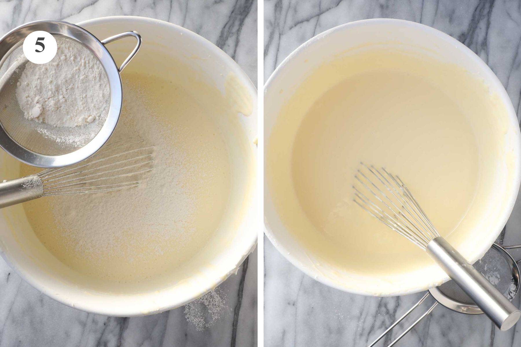 The flour being slowly sifted into the cheesecake mixture.