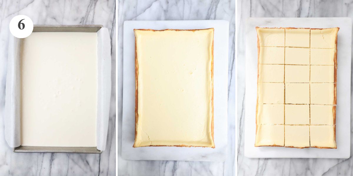 The cheesecake mixture poured into the 9x13 pan and the cheesecake after it has been fully baked and after being cut into slices.