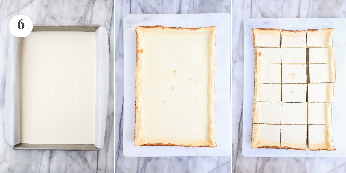 The cheesecake mixture poured into the 9x13 pan and the cheesecake after it has been fully baked and after being cut into slices.