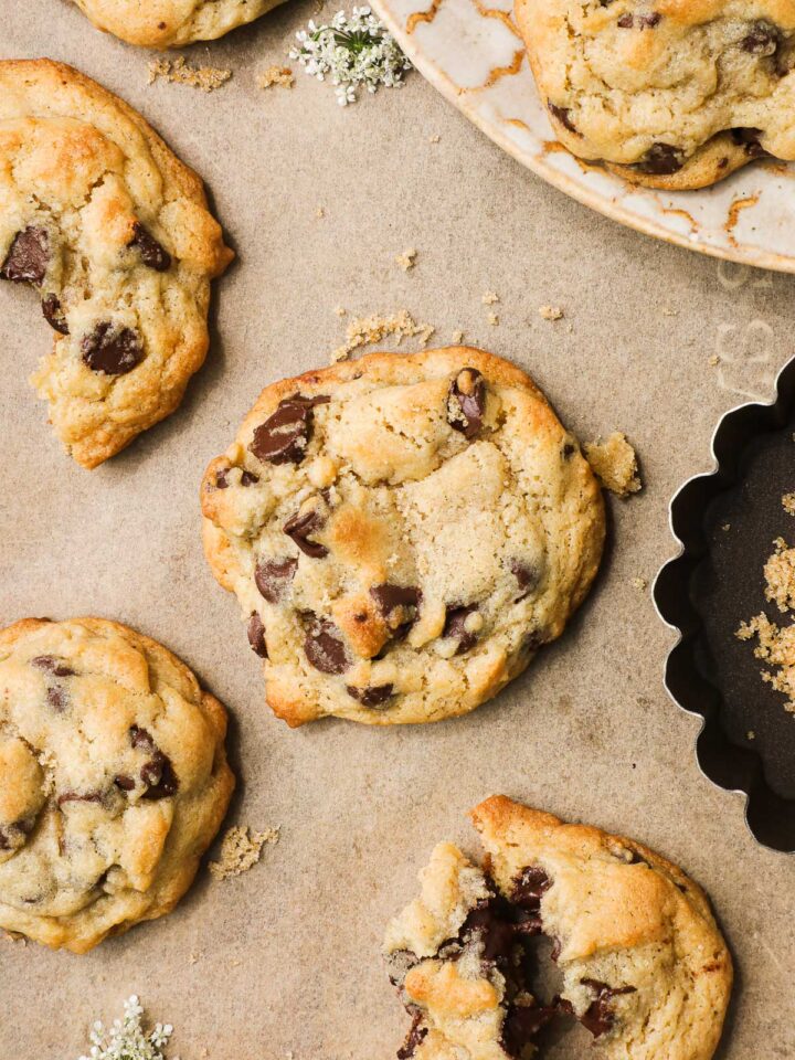 Chocolate Chip Cookies Without A Mixer displayed on a warm brown background.