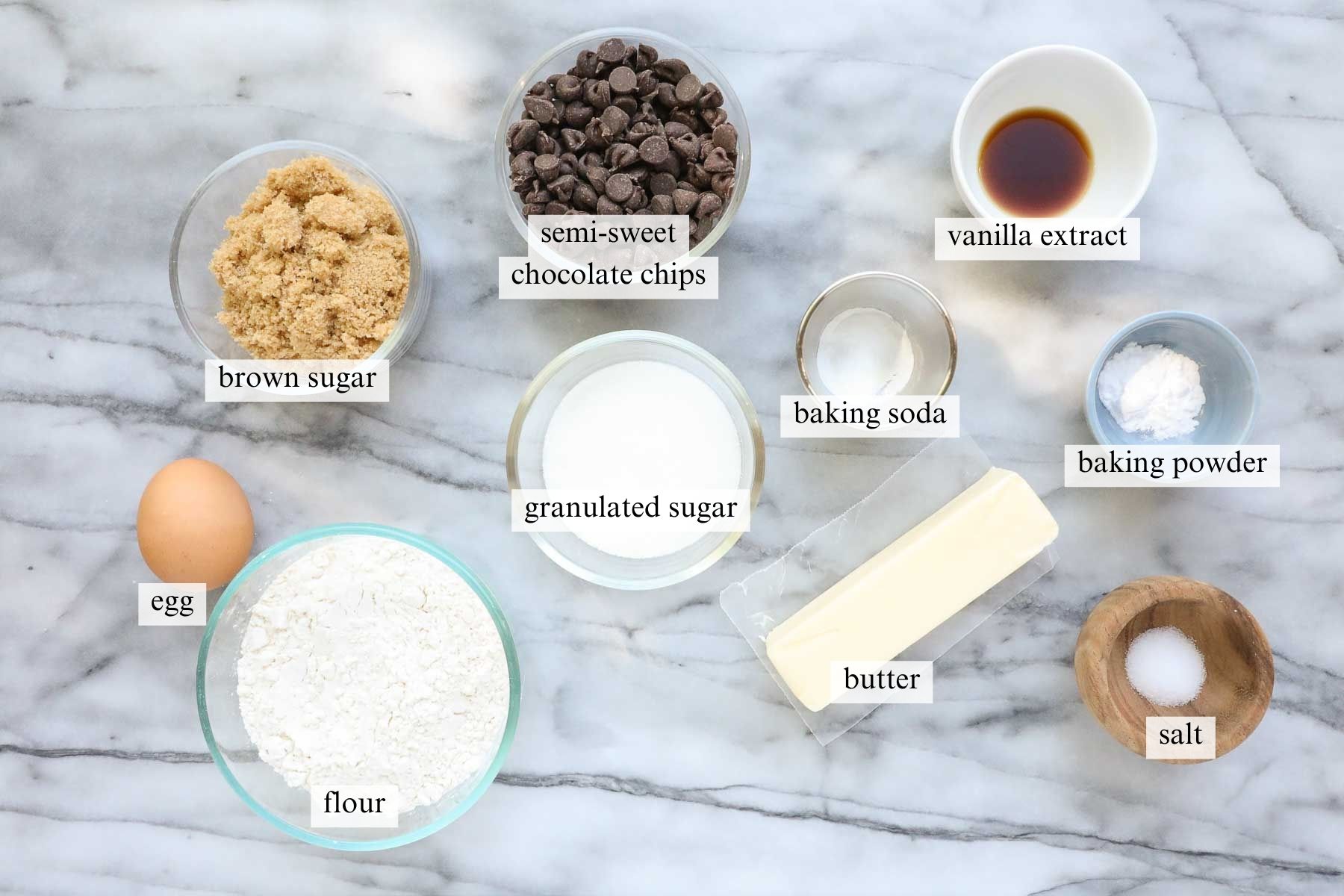 The ingredients needed to make chocolate chip cookies without a mixer.