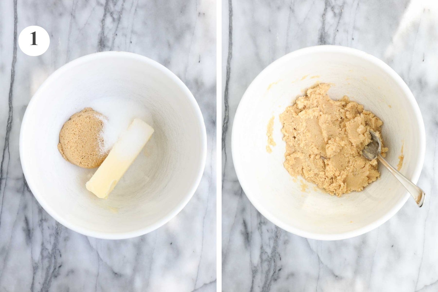 A large white mixing bowl with the softened butter, brown sugar, and granulated sugar before and after being combined by hand.