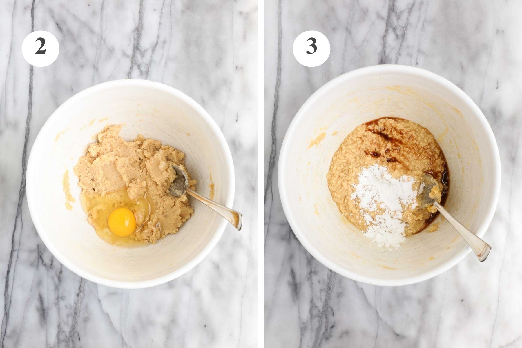 The mixture with an egg added and the mixture with the vanilla extract, baking powder, baking soda, and salt added by hand.