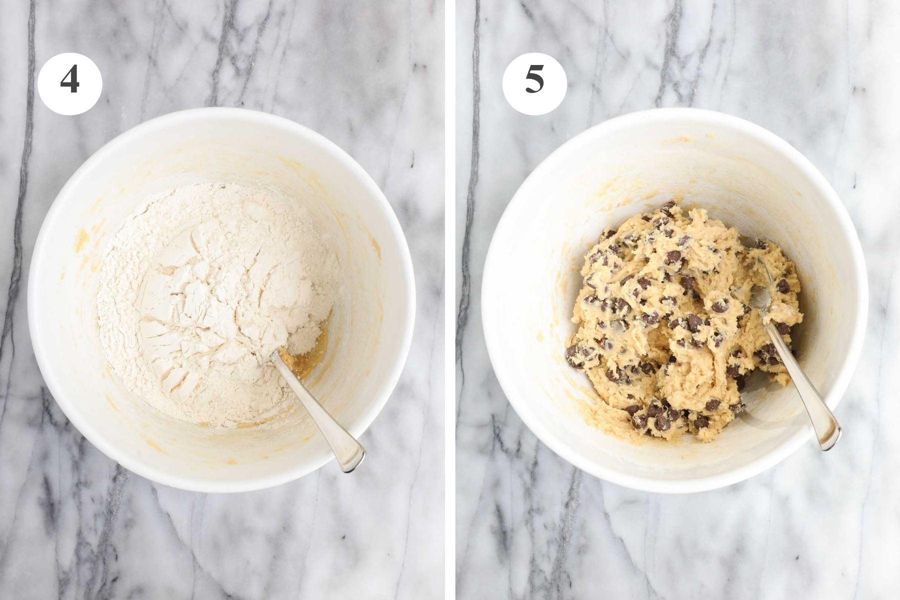 The cookie dough with the flour added and the final cookie dough with the semi-sweet chocolate chips added.