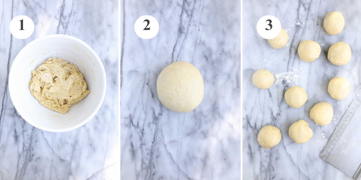 The einkorn flour tortilla dough combined in a bowl, shaped into a ball, and divided into 10 equal pieces.