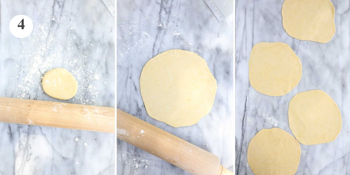 The einkorn tortilla dough rolled out into round tortillas 6-7 inches in diameter.