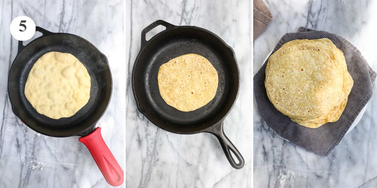 The tortillas cooked in a cast iron pan, with the tortillas puffing up in the pan, being flipped and showing browning, and resting between two kitchen towels.
